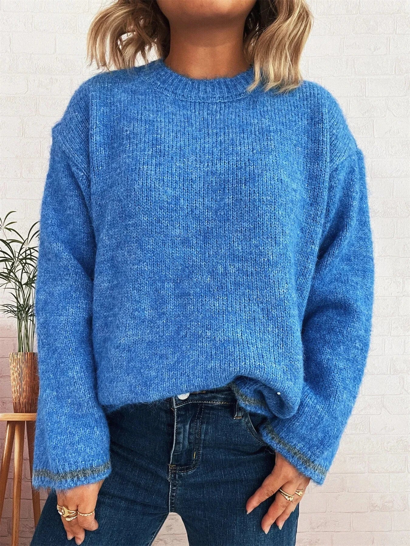 Blue One Size Contrast Trim Round Neck Cozy Sweater Tops and T-Shirts