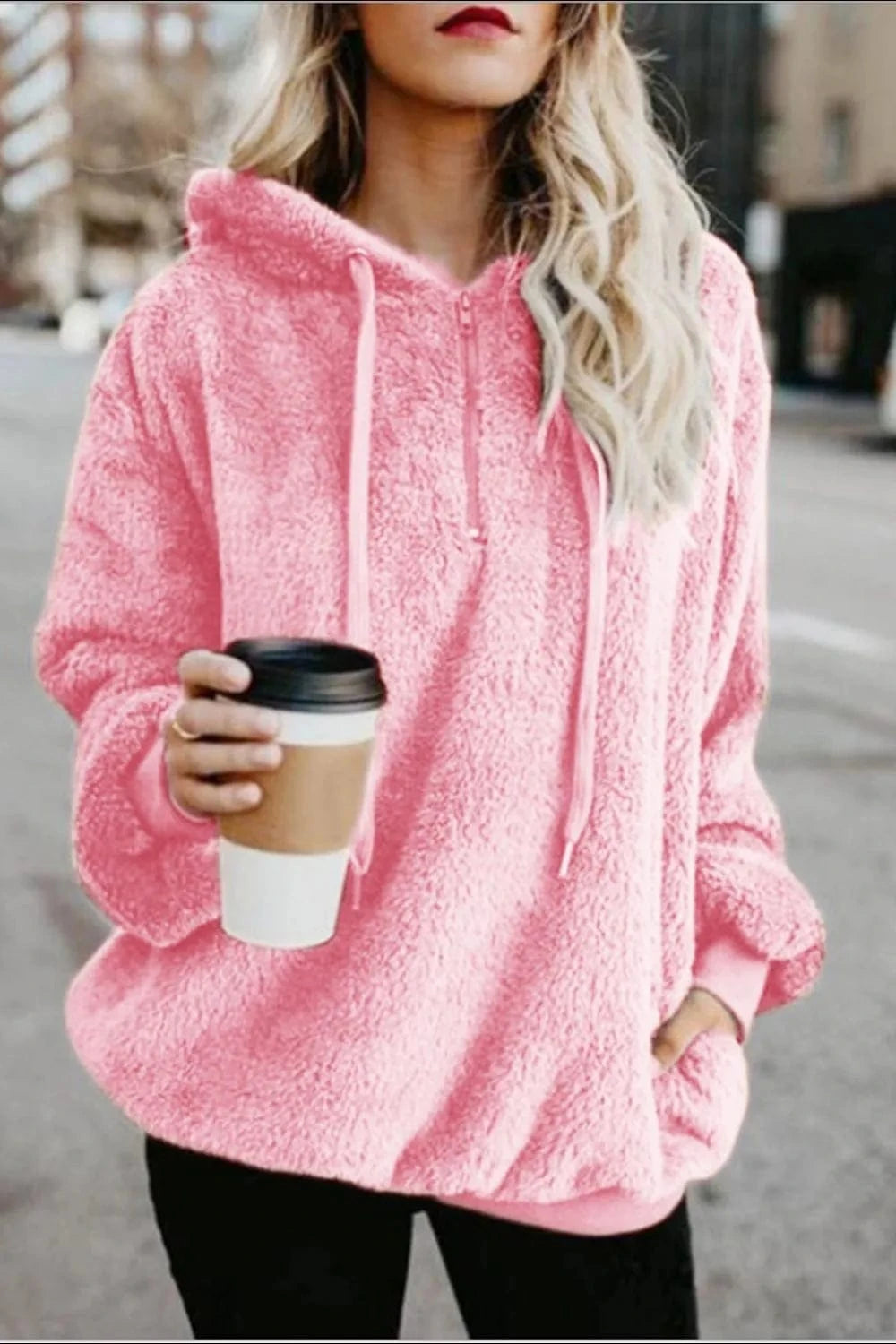 Blush Pink Full Size Quarter-Zip Drawstring Teddy Hoodie Tops and T-Shirts