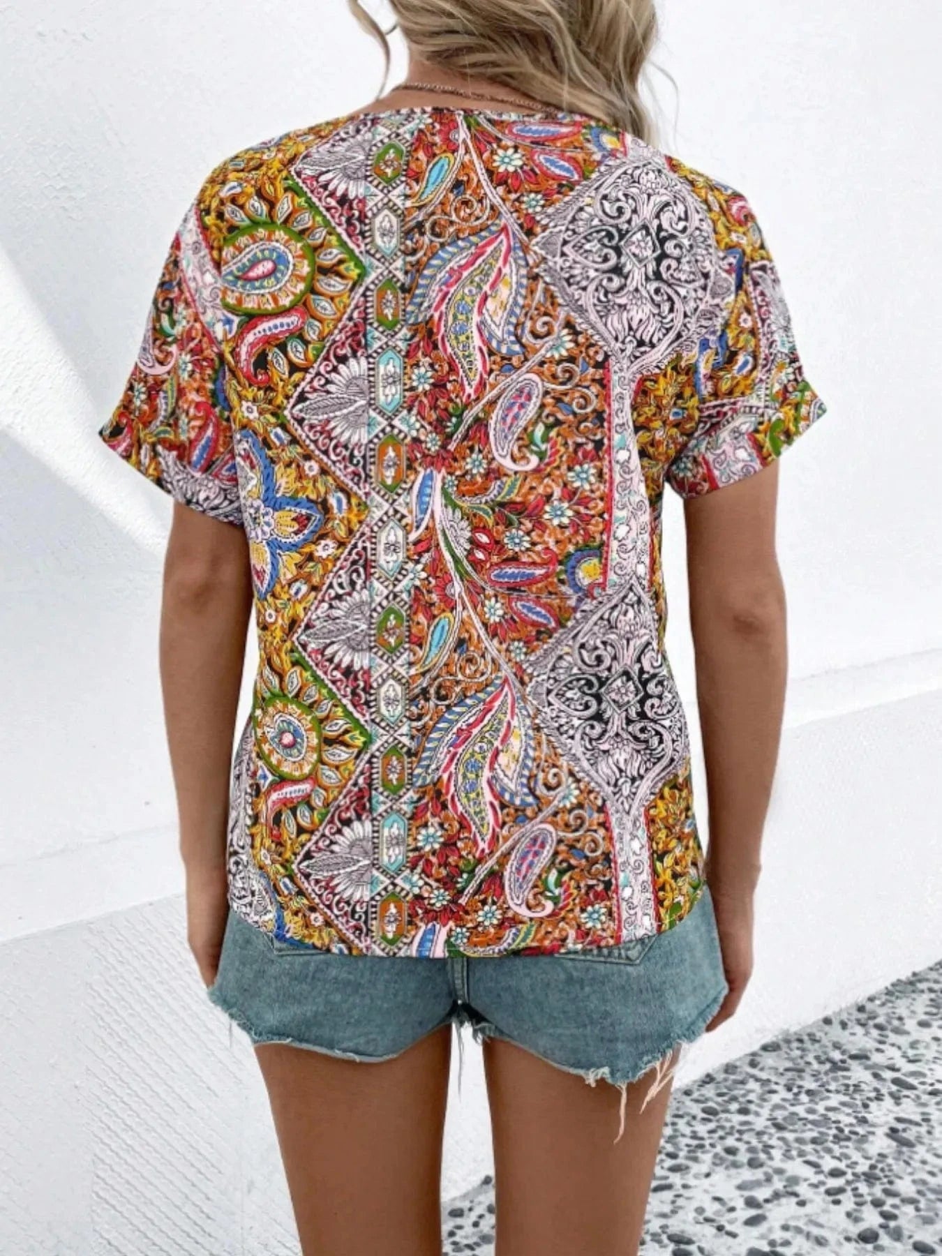 Bohemian Paisley Print V-Neck Short Sleeve T-Shirt Tops and T-Shirts