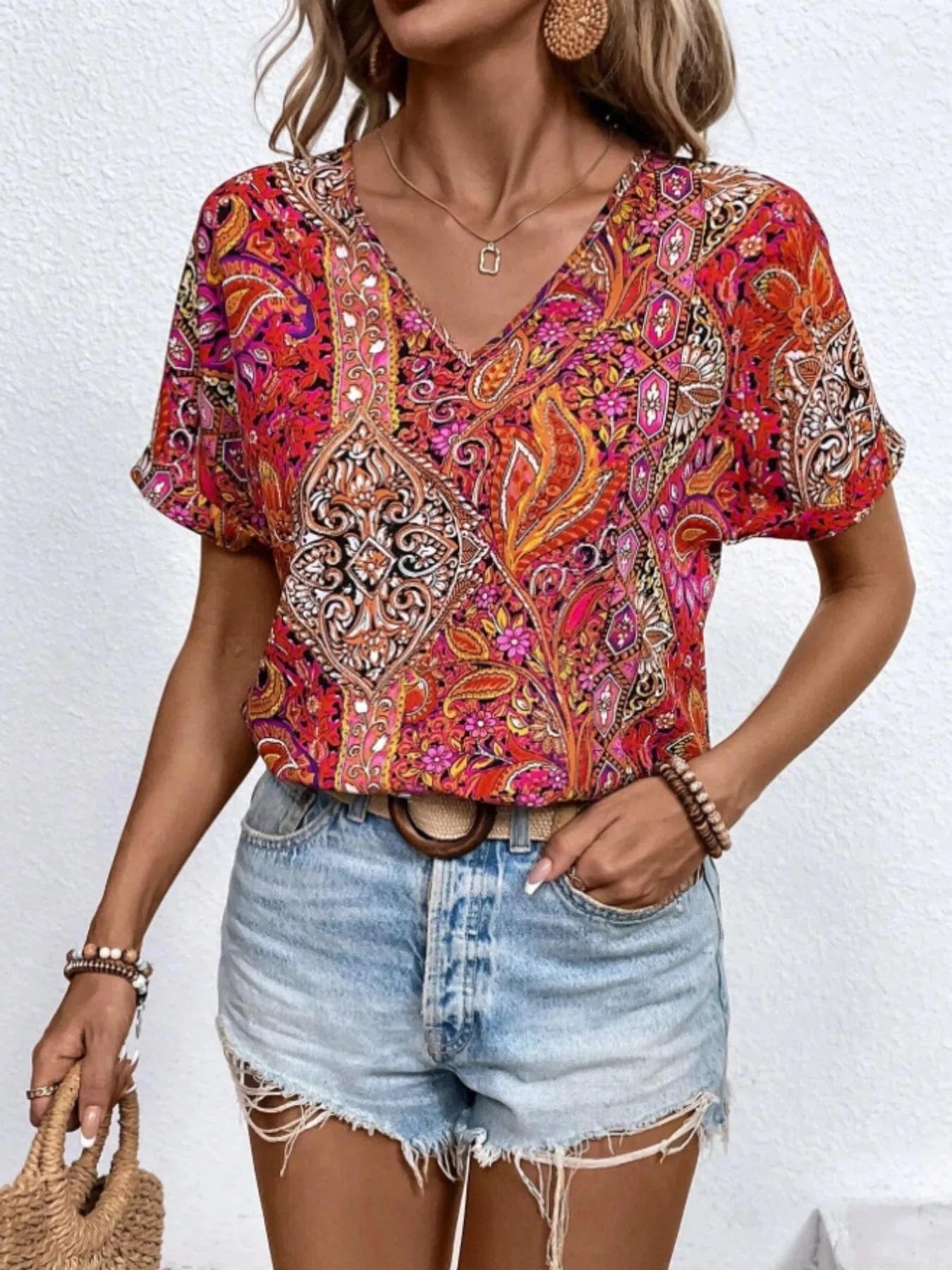 Bohemian Paisley Print V-Neck Short Sleeve T-Shirt Tops and T-Shirts