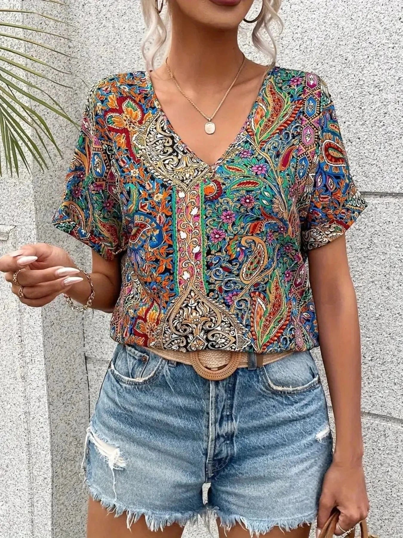 Bohemian Paisley Print V-Neck Short Sleeve T-Shirt Tops and T-Shirts