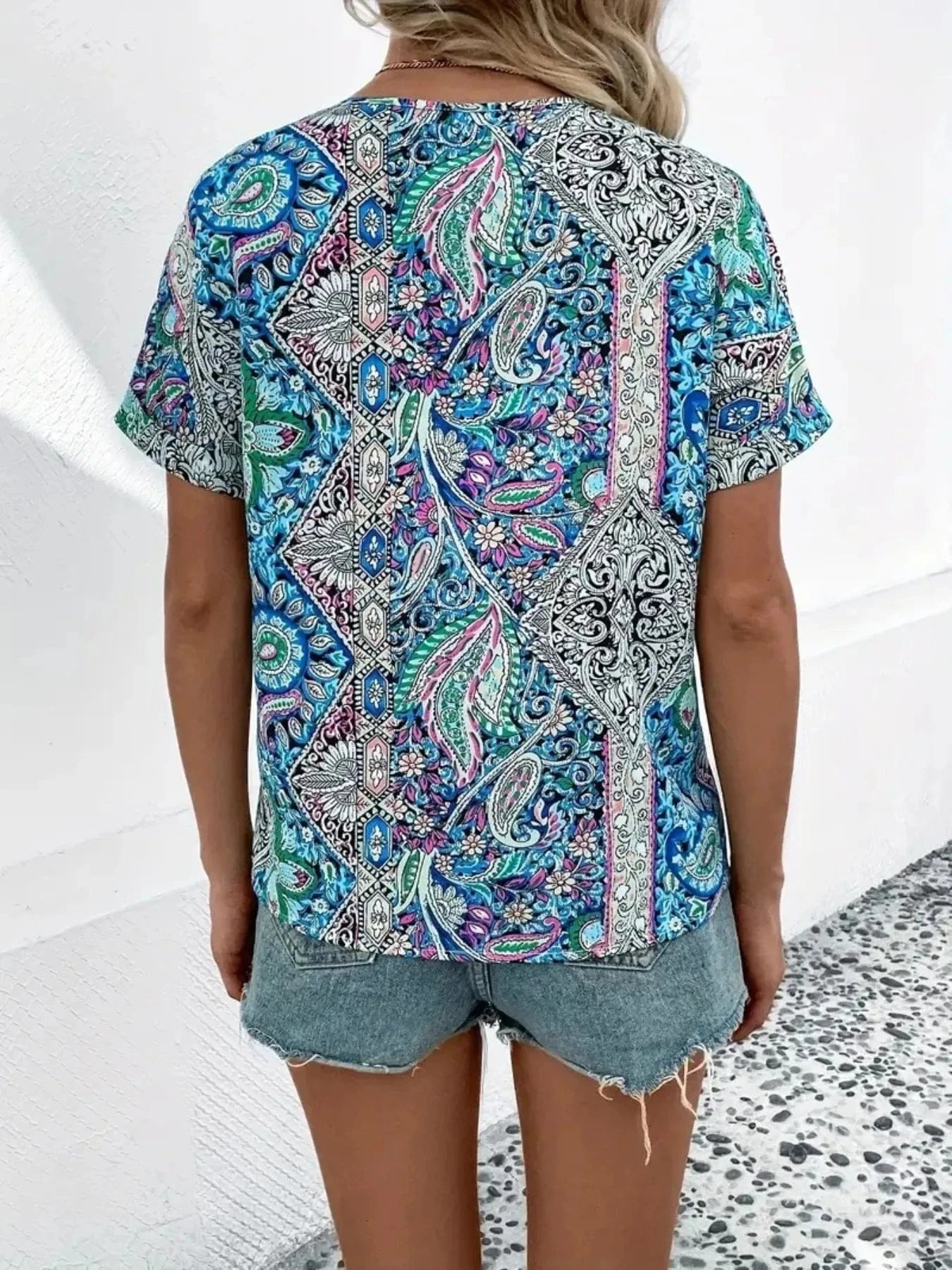 Bohemian Paisley Print V-Neck Short Sleeve T-Shirt Tops and T-Shirts