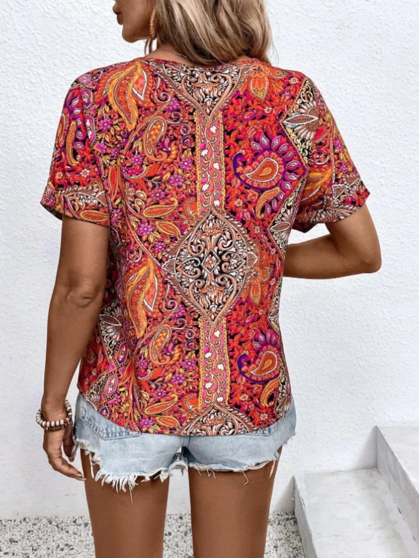 Bohemian Paisley Print V-Neck Short Sleeve T-Shirt Tops and T-Shirts