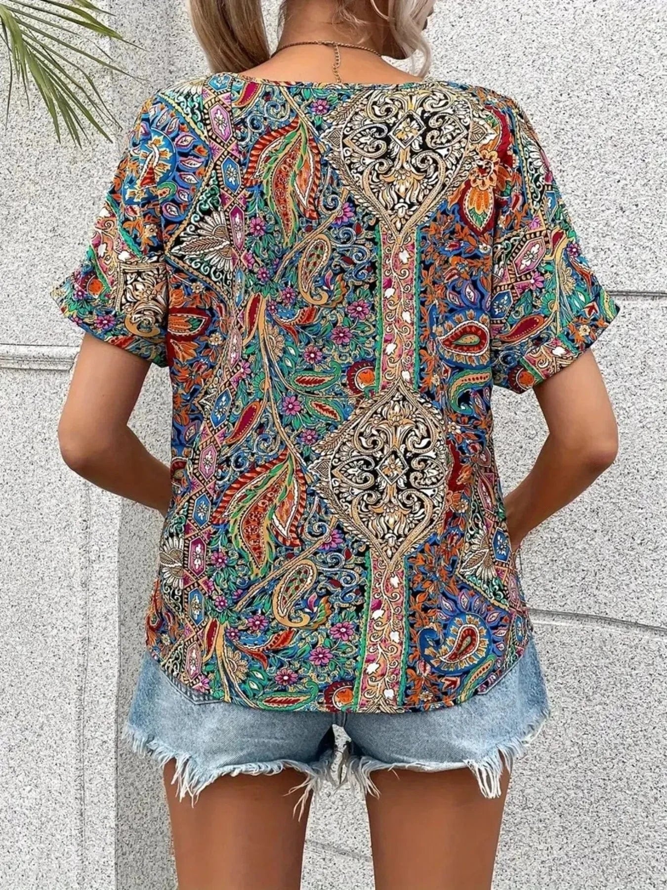 Bohemian Paisley Print V-Neck Short Sleeve T-Shirt Tops and T-Shirts