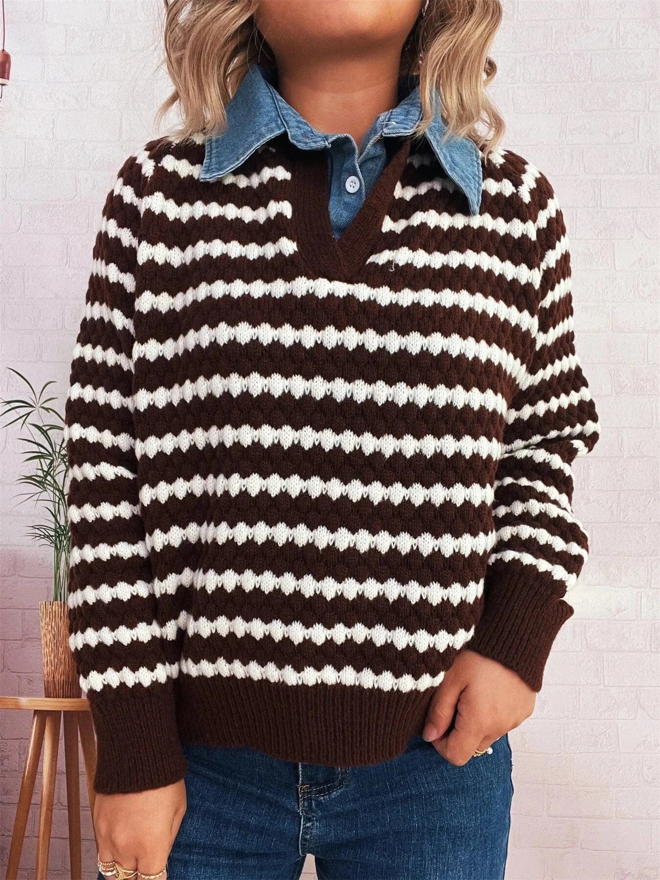 Brown One Size Contrast Striped Sweater with Denim Collar Tops and T-Shirts