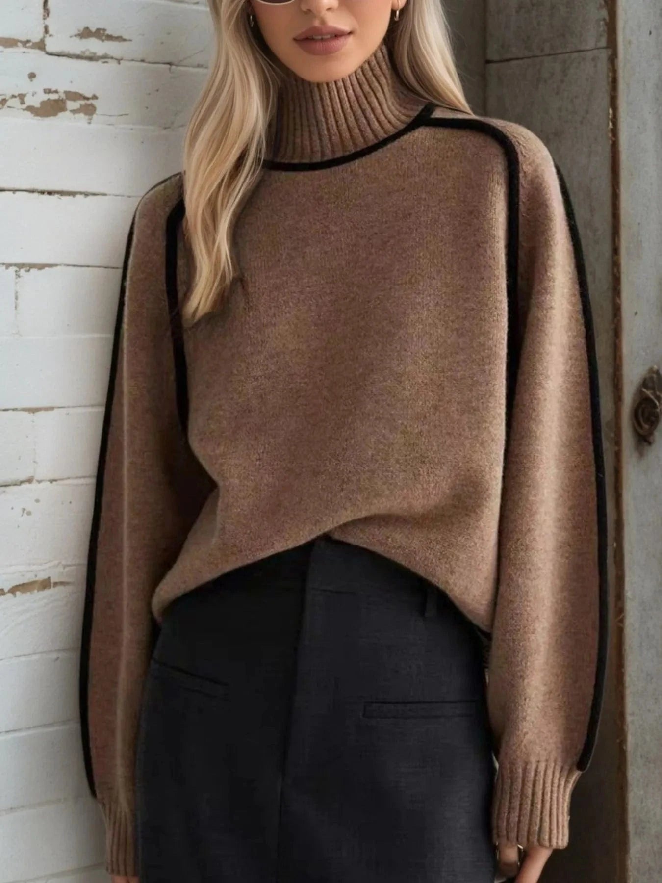 Brown Contrast Trim Turtleneck Sweater Tops and T-Shirts