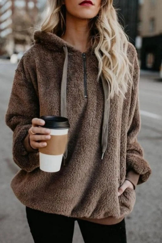 Brown Full Size Quarter-Zip Drawstring Teddy Hoodie Tops and T-Shirts