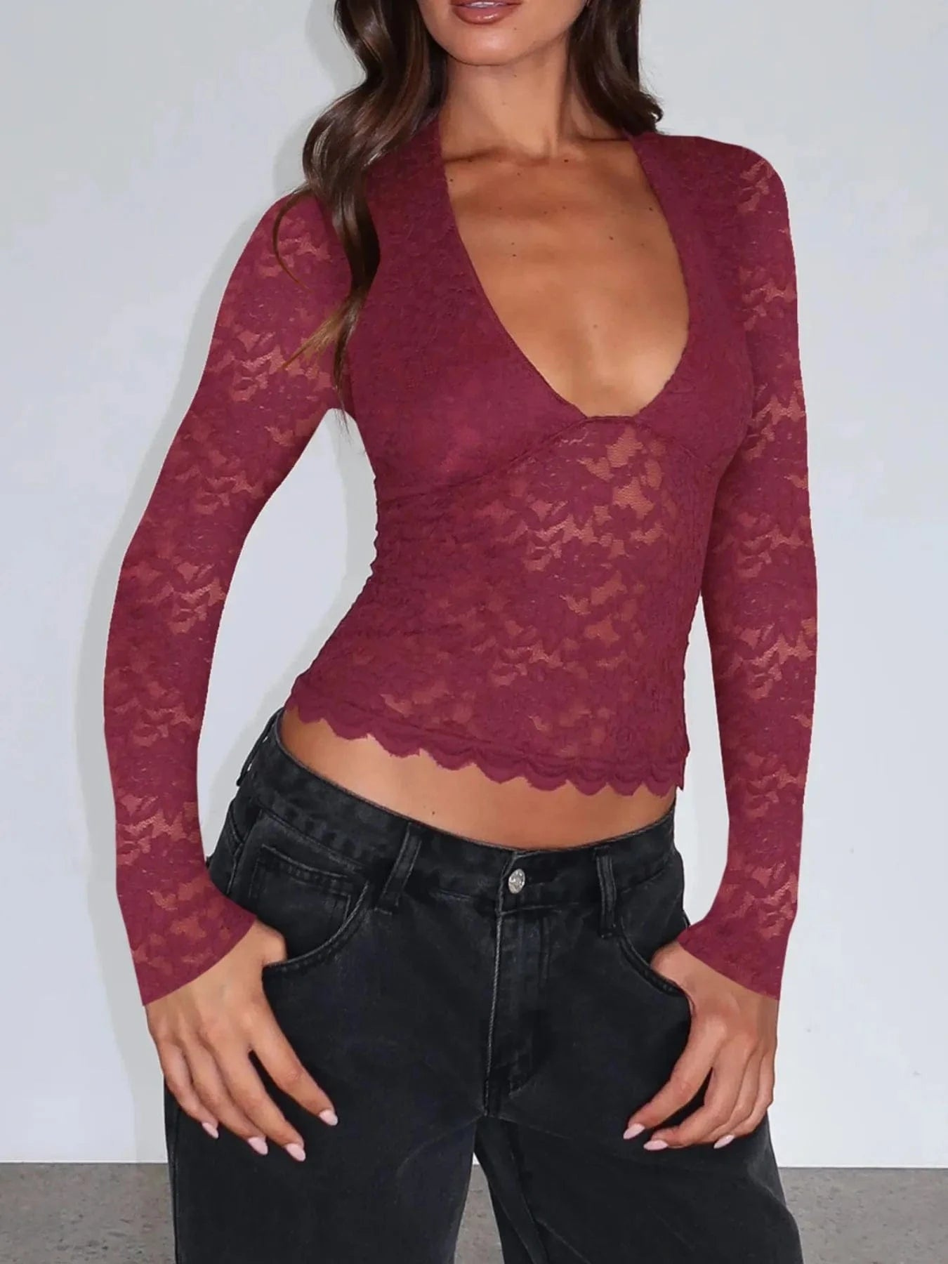Burgundy Floral Lace Long Sleeve Deep V-Neck Blouse with Scalloped Hem Tops and T-Shirts