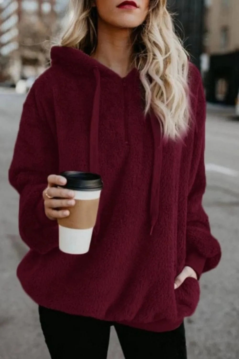 Burgundy Full Size Quarter-Zip Drawstring Teddy Hoodie Tops and T-Shirts