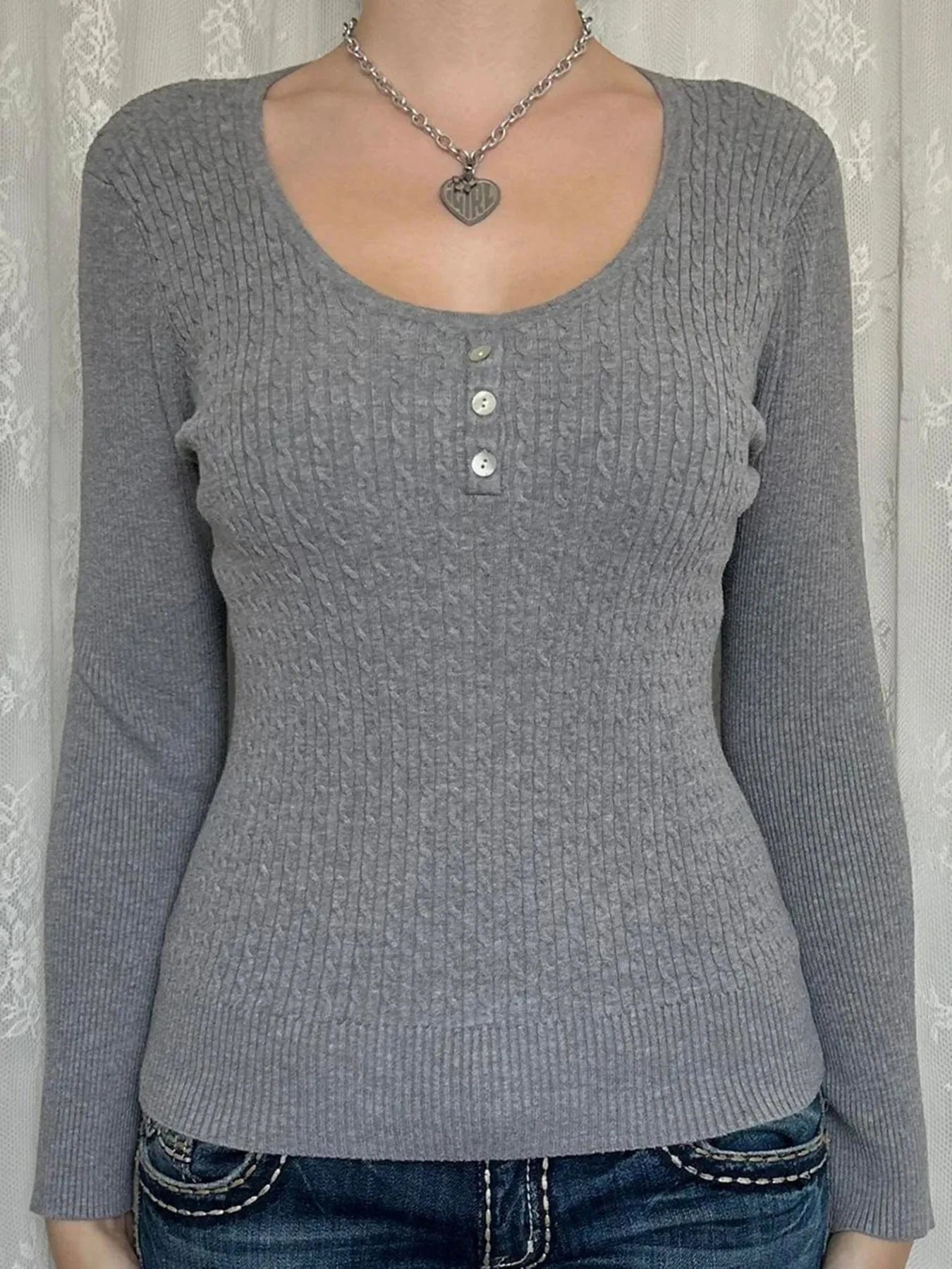Button Detail Long Sleeve Cable Knit Top Tops and T-Shirts