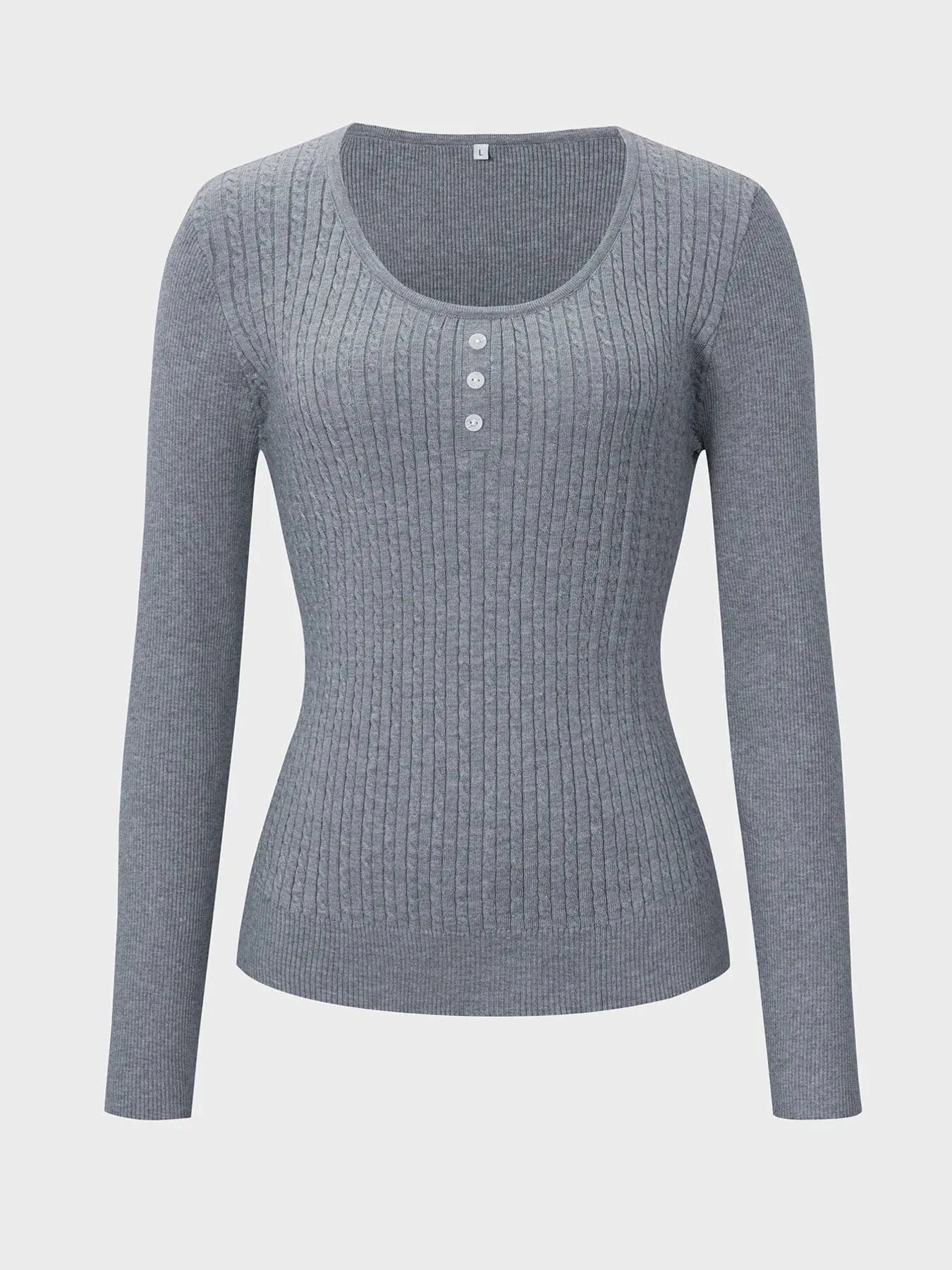 Button Detail Long Sleeve Cable Knit Top Tops and T-Shirts