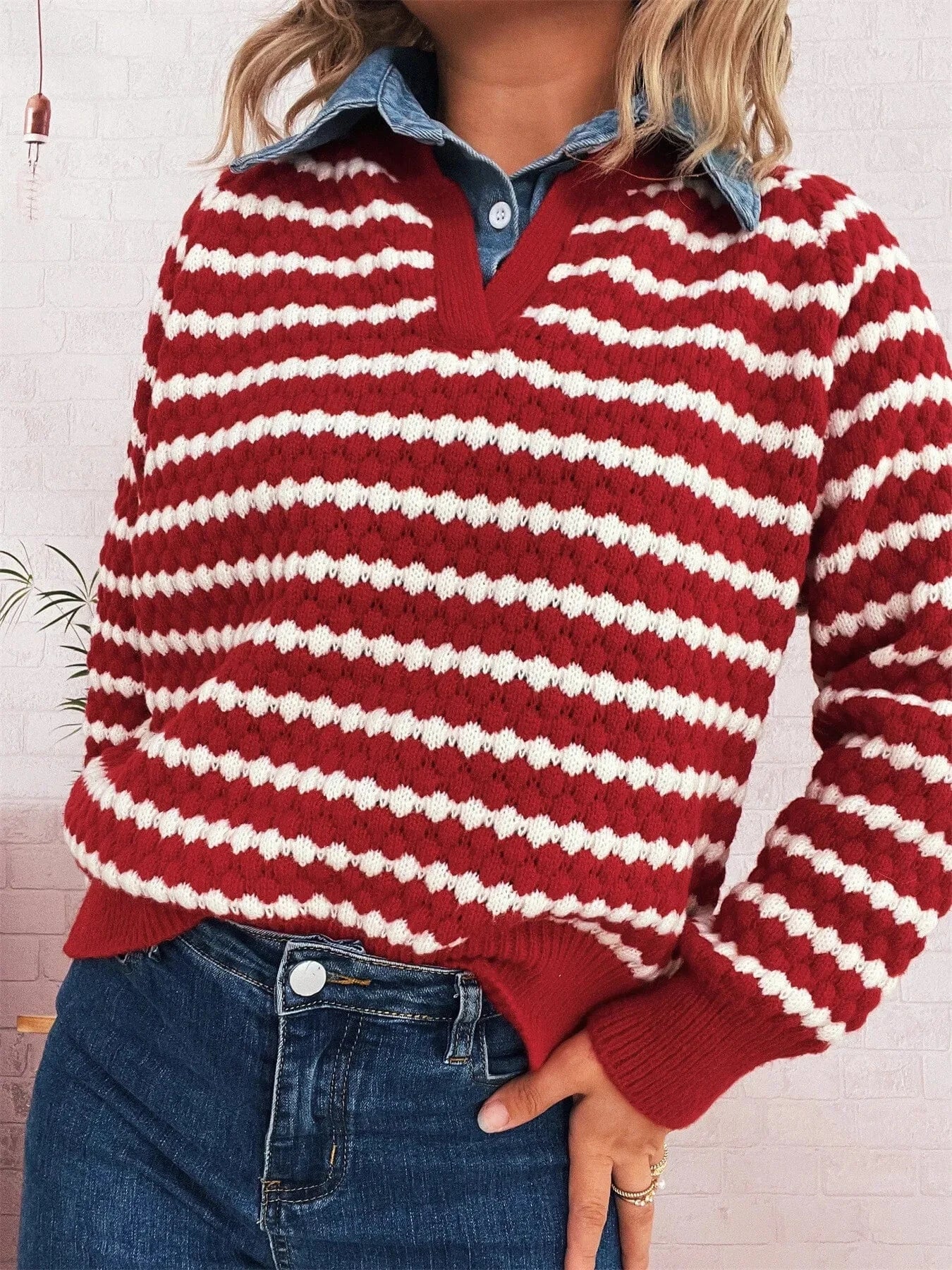 Contrast Striped Sweater with Denim Collar Tops and T-Shirts