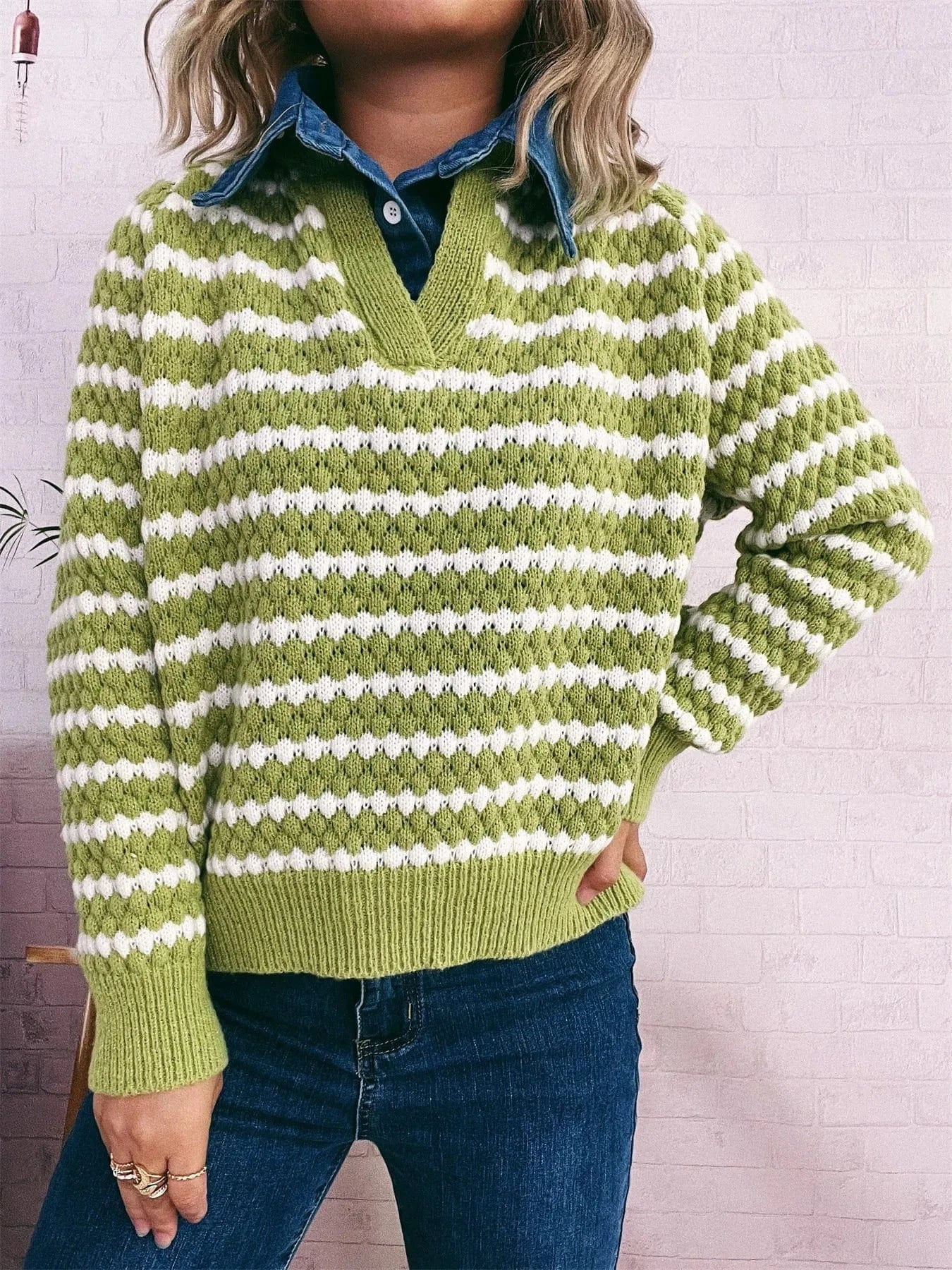 Contrast Striped Sweater with Denim Collar Tops and T-Shirts