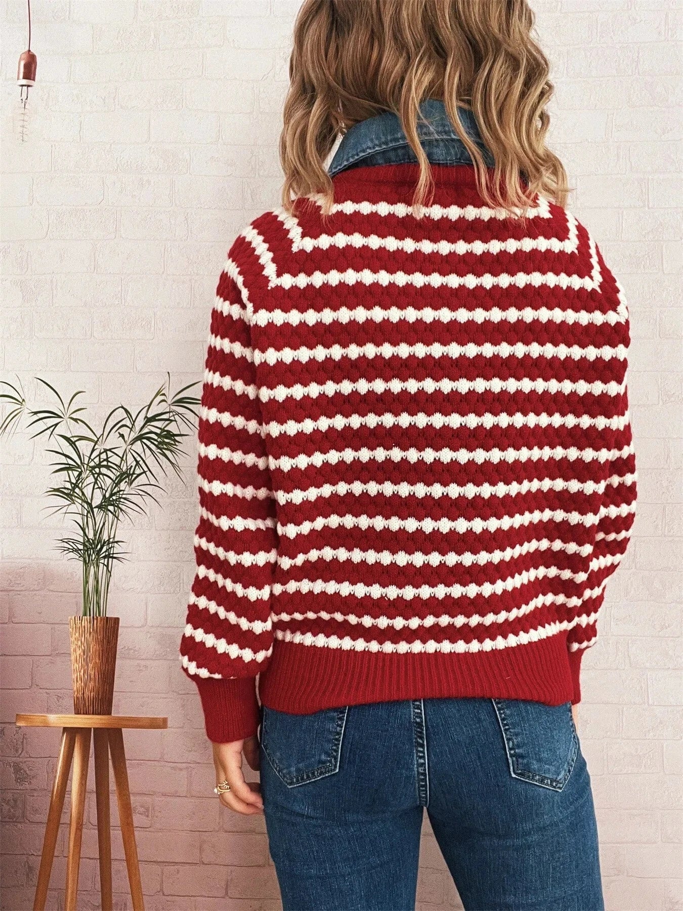 Contrast Striped Sweater with Denim Collar Tops and T-Shirts
