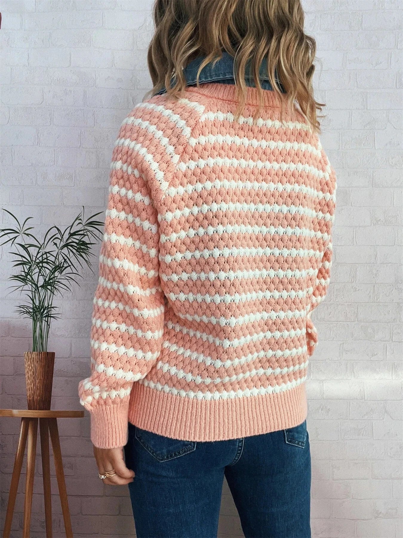 Contrast Striped Sweater with Denim Collar Tops and T-Shirts