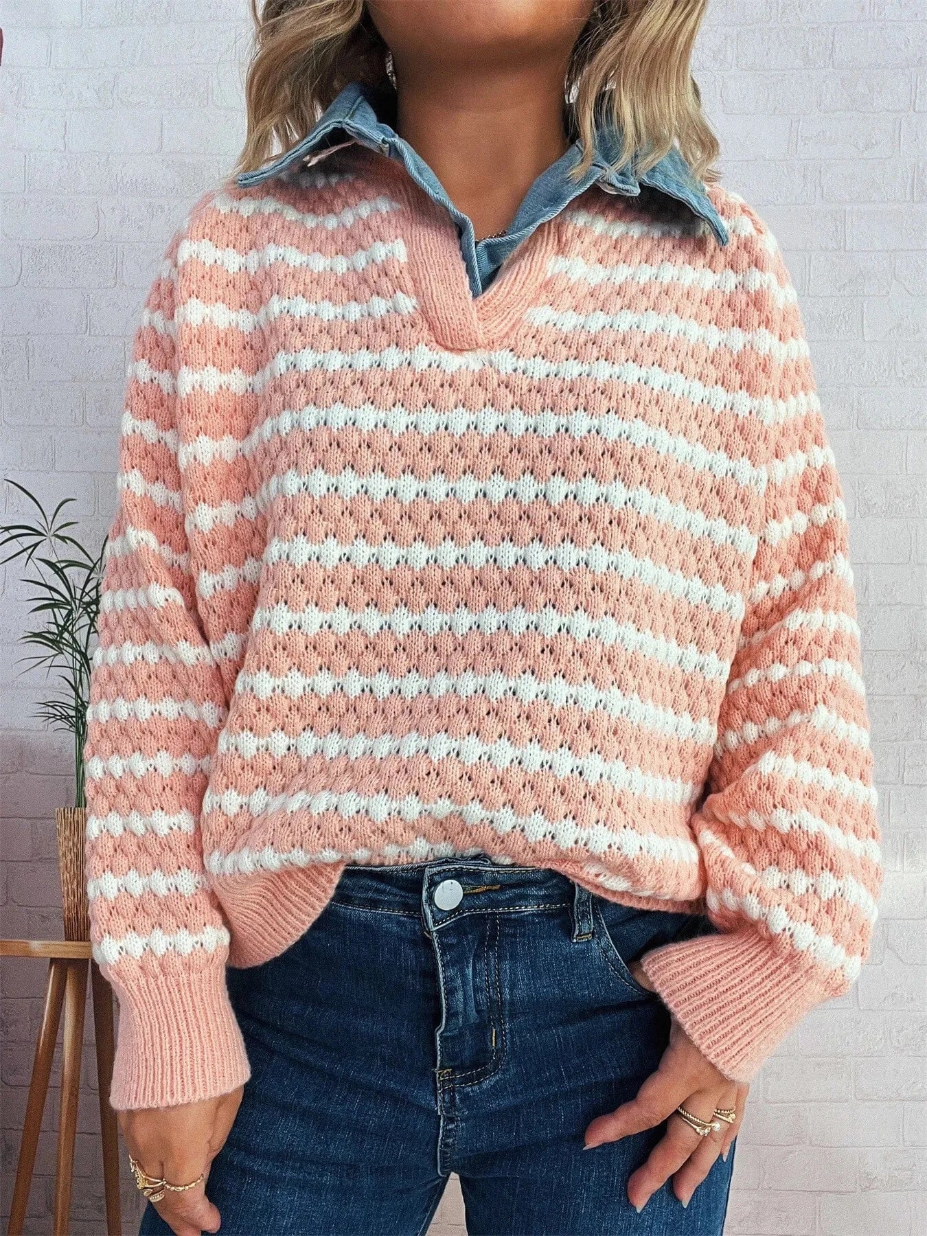 Contrast Striped Sweater with Denim Collar Tops and T-Shirts