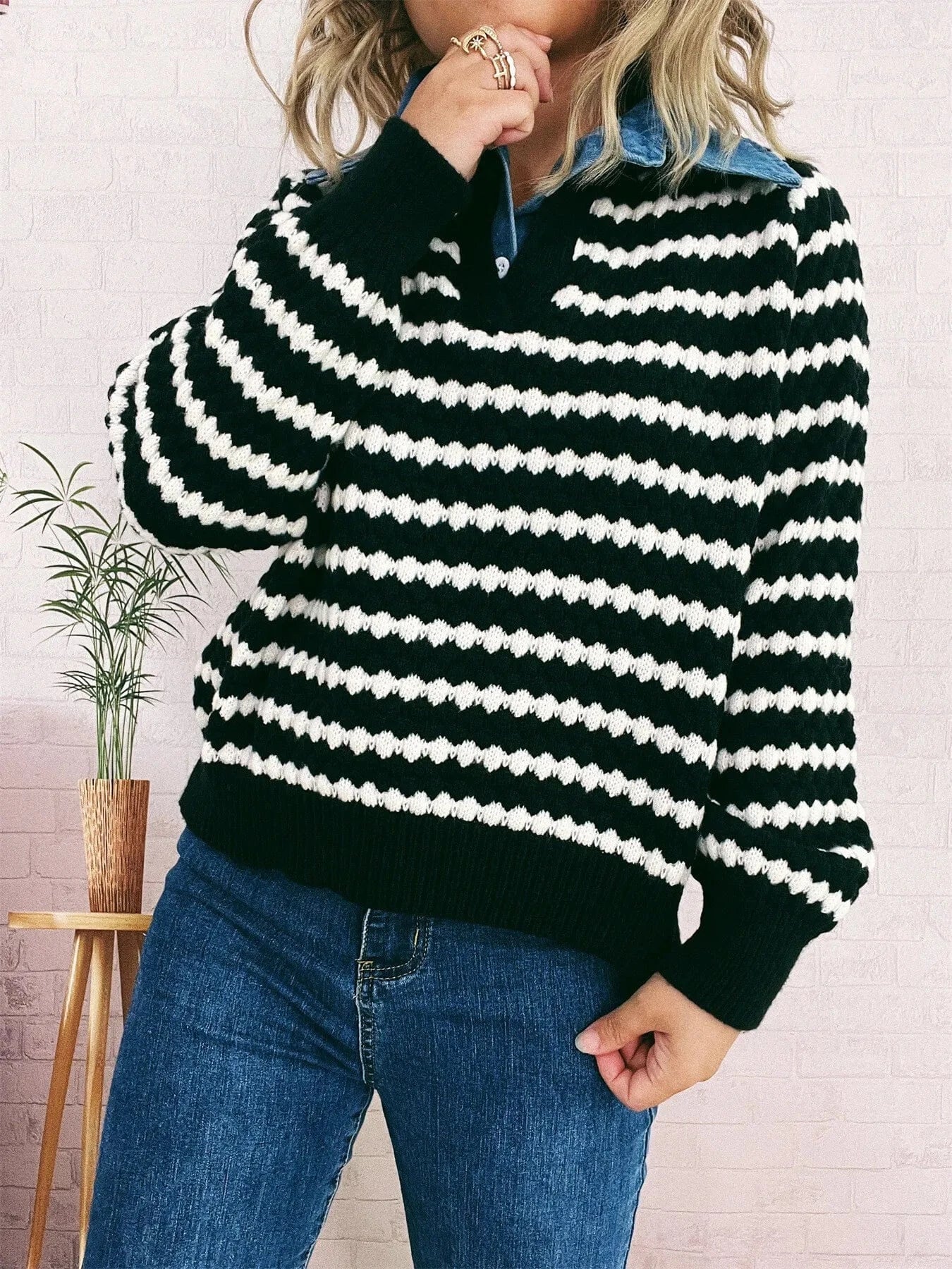 Contrast Striped Sweater with Denim Collar Tops and T-Shirts