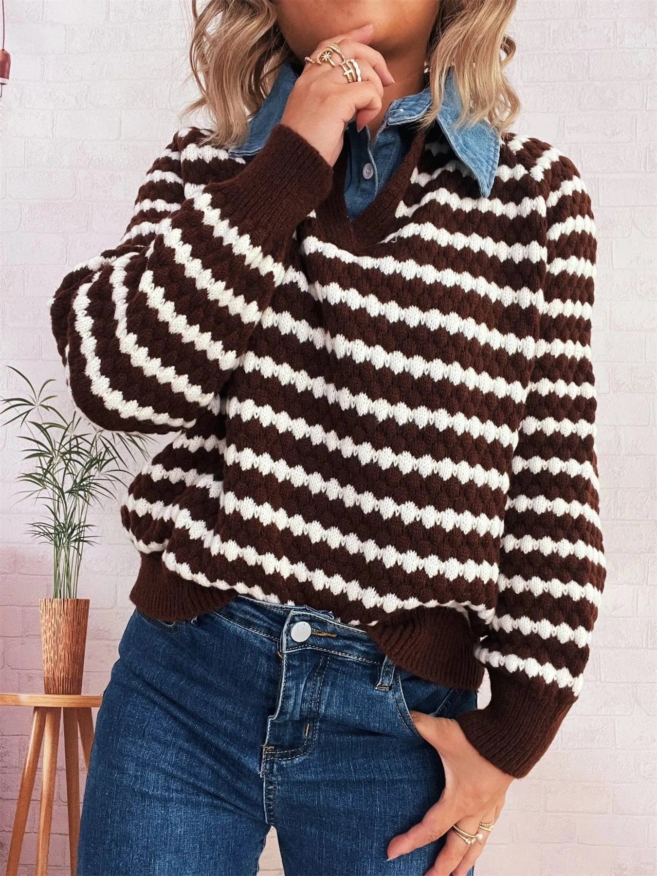 Contrast Striped Sweater with Denim Collar Tops and T-Shirts