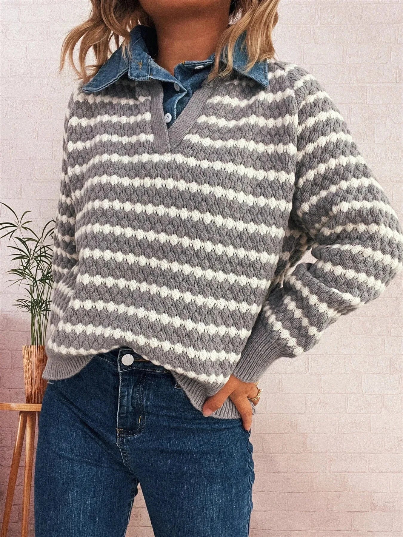 Contrast Striped Sweater with Denim Collar Tops and T-Shirts