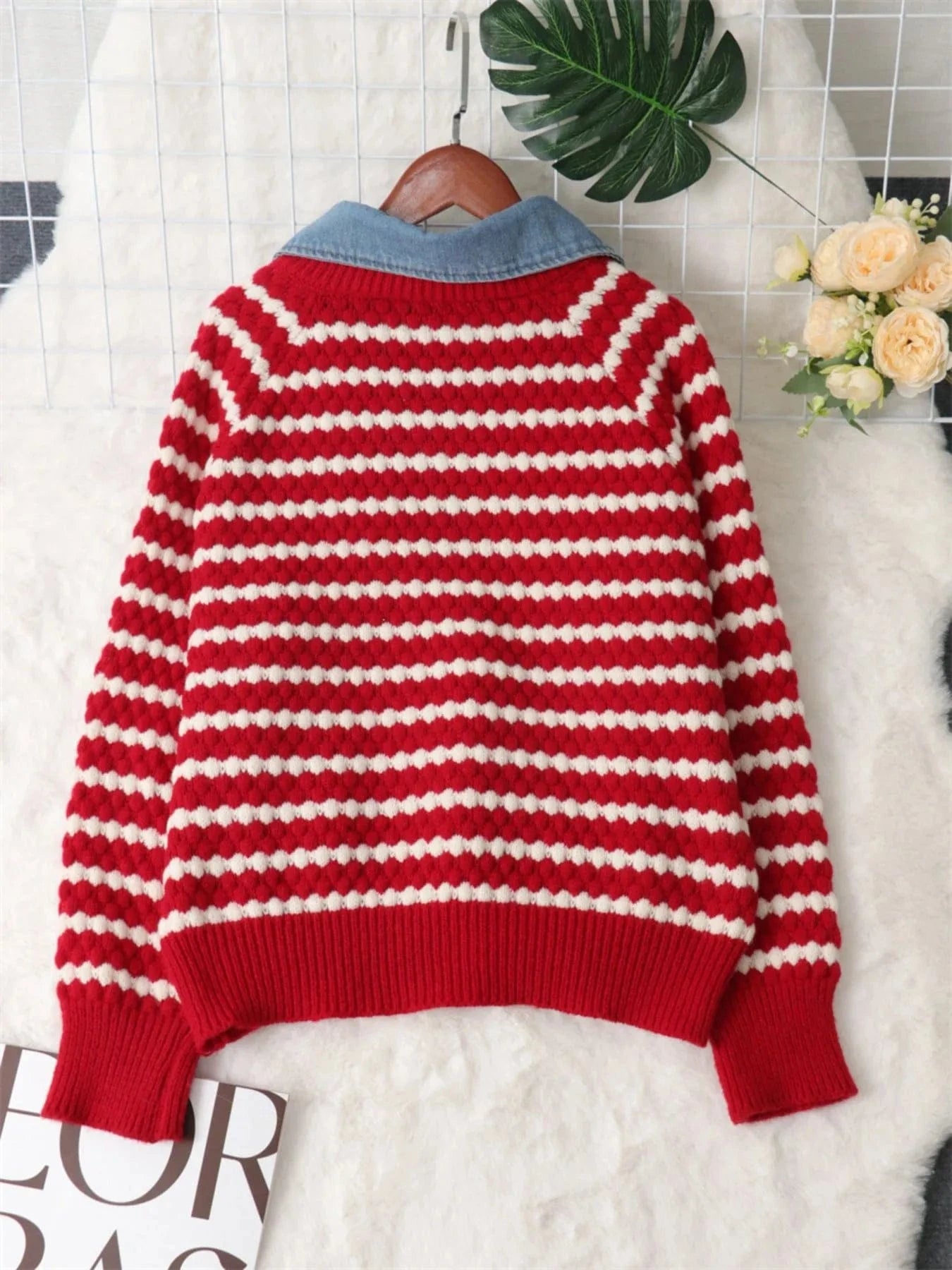 Contrast Striped Sweater with Denim Collar Tops and T-Shirts