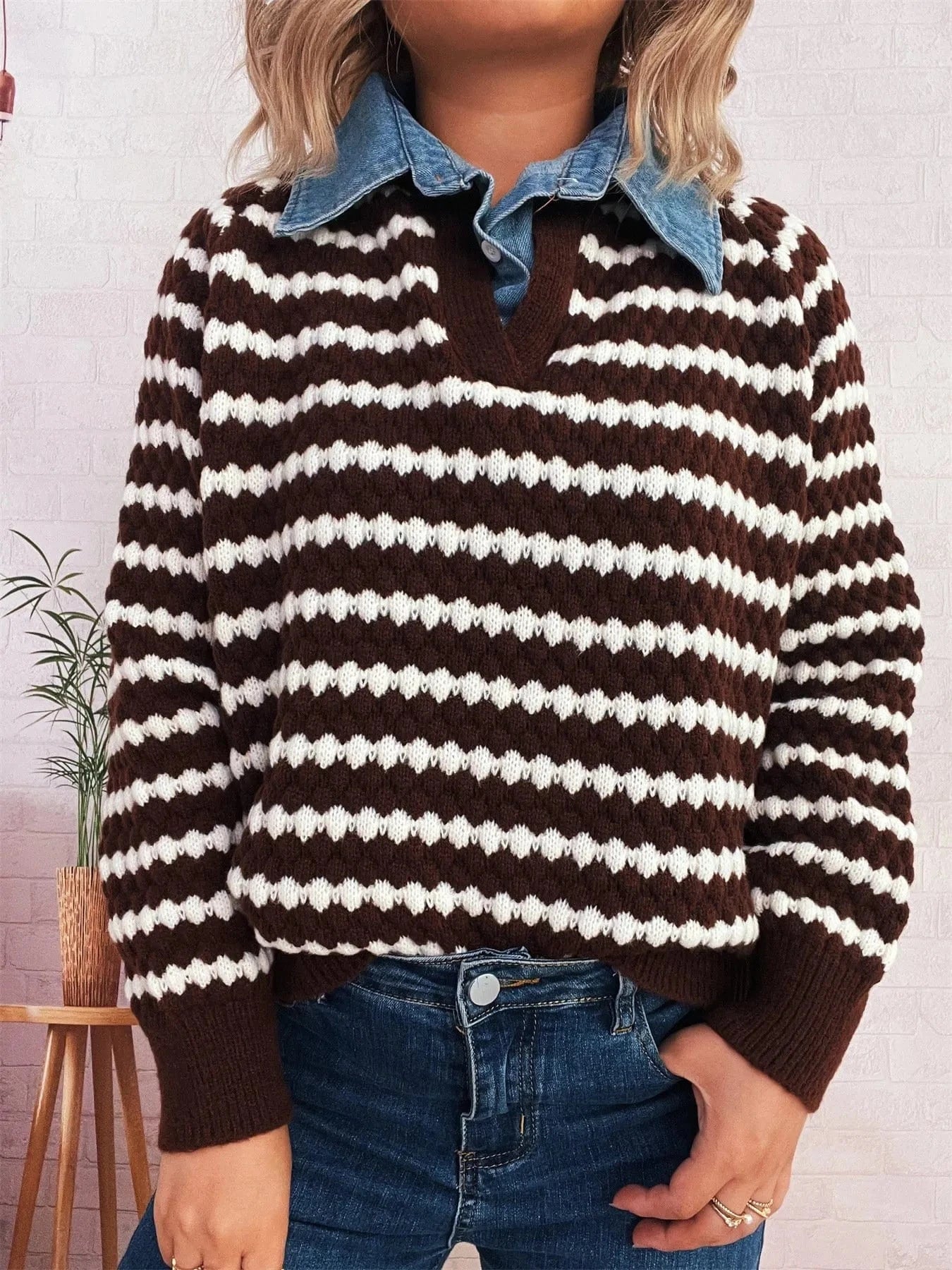 Contrast Striped Sweater with Denim Collar Tops and T-Shirts
