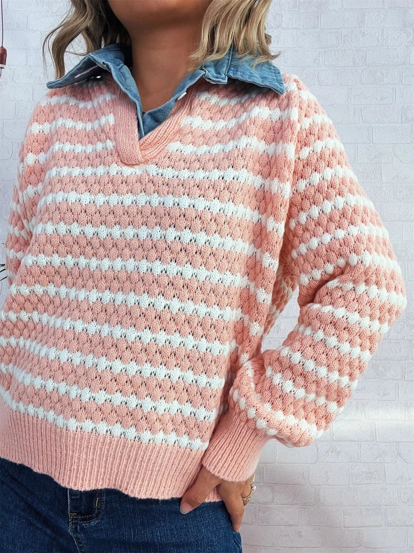 Contrast Striped Sweater with Denim Collar Tops and T-Shirts