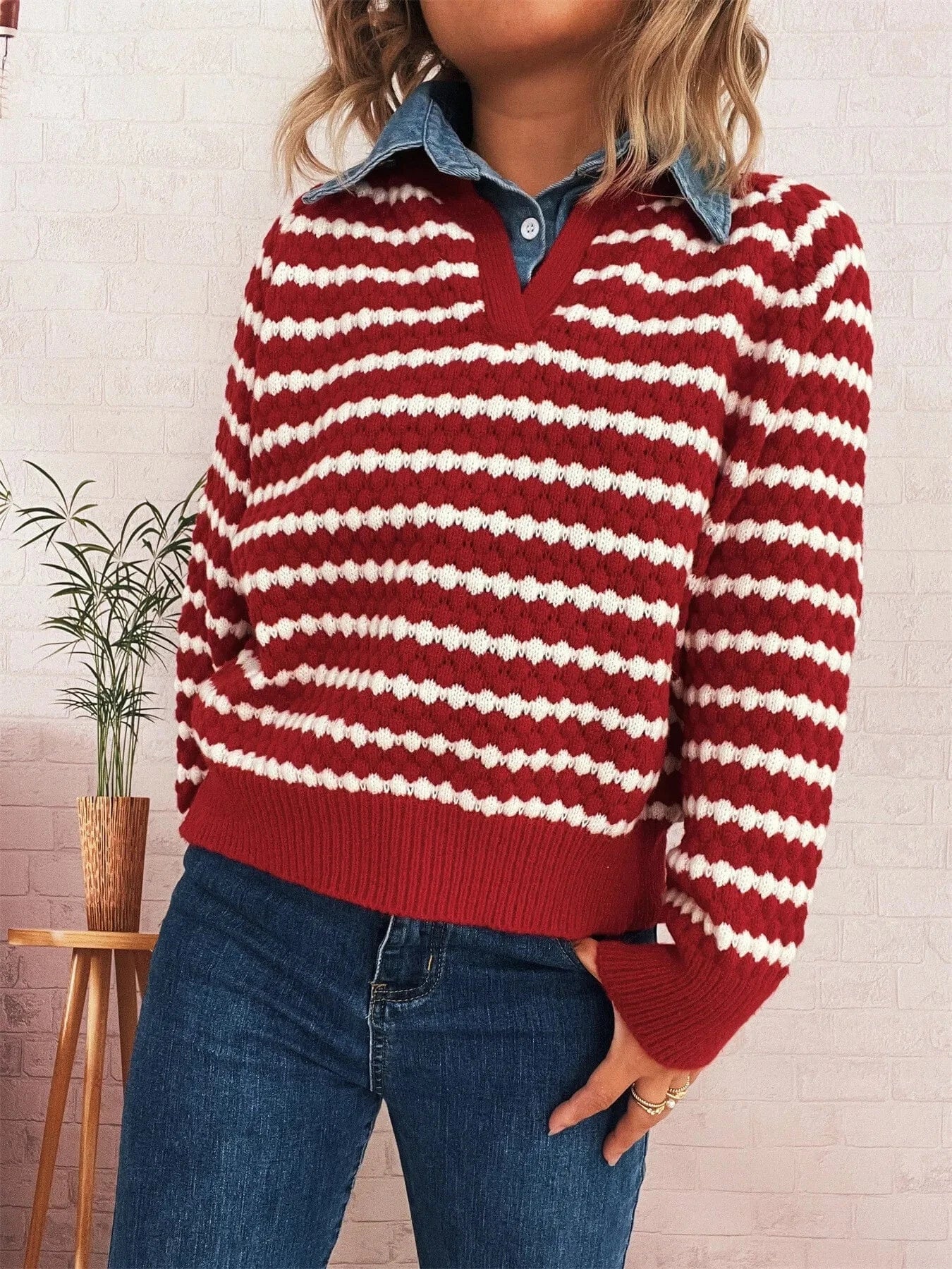 Contrast Striped Sweater with Denim Collar Tops and T-Shirts