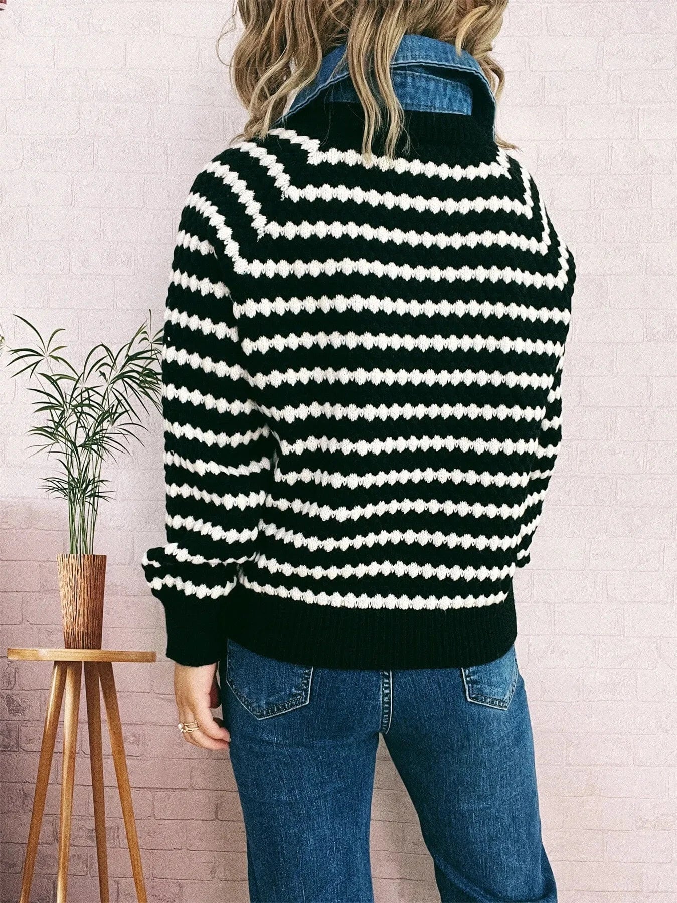 Contrast Striped Sweater with Denim Collar Tops and T-Shirts