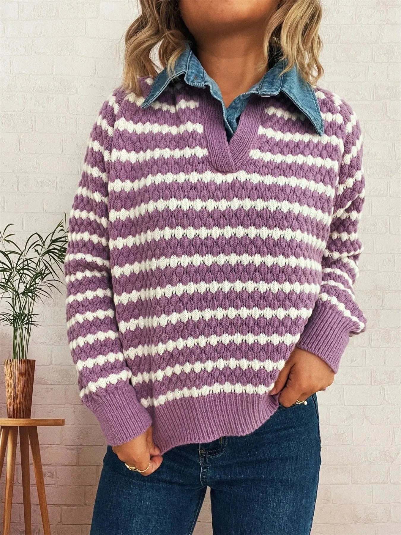 Contrast Striped Sweater with Denim Collar Tops and T-Shirts