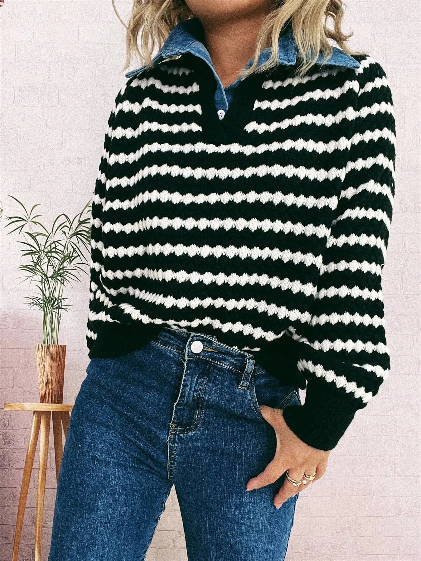 Contrast Striped Sweater with Denim Collar Tops and T-Shirts