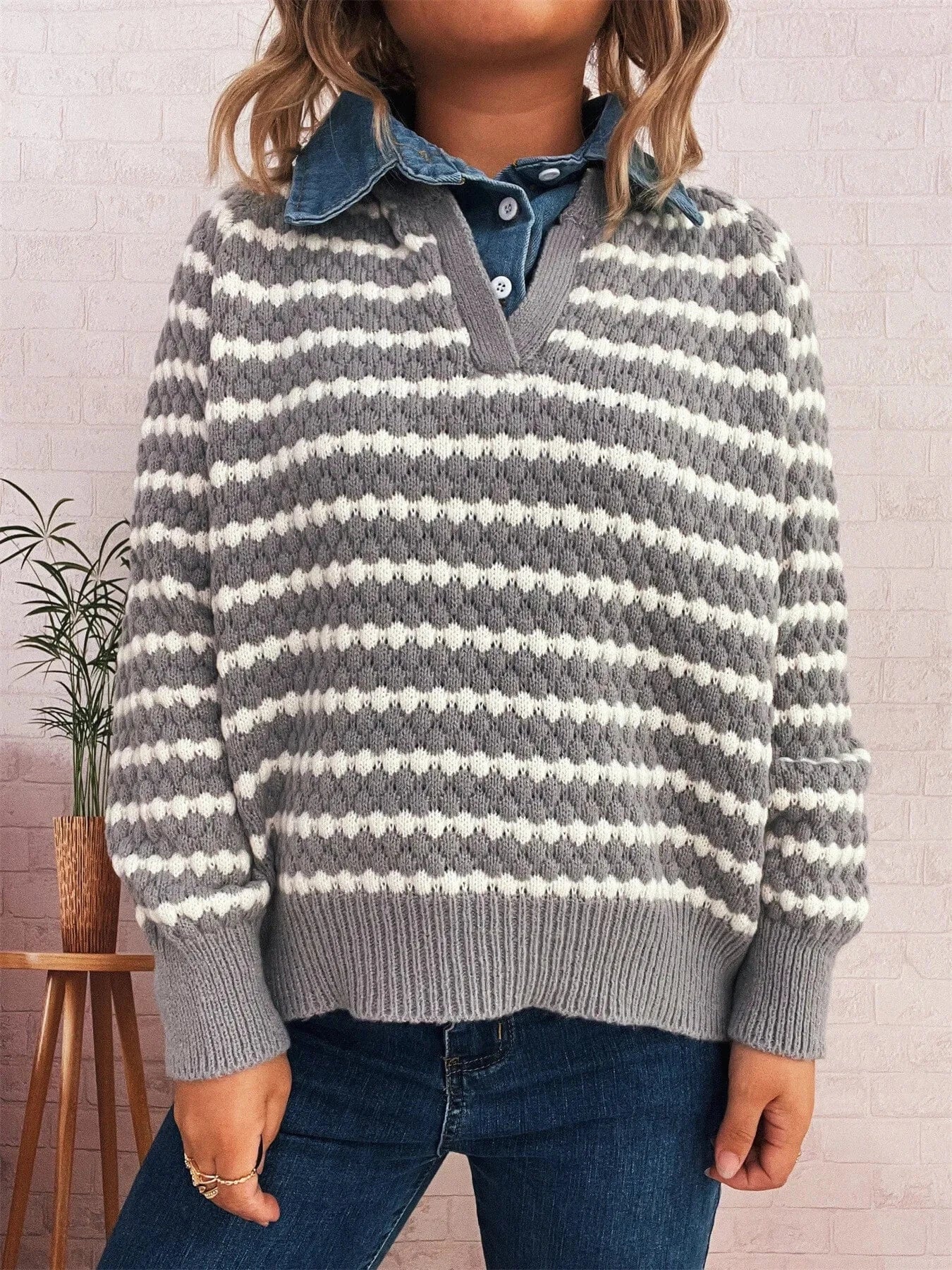 Contrast Striped Sweater with Denim Collar Tops and T-Shirts