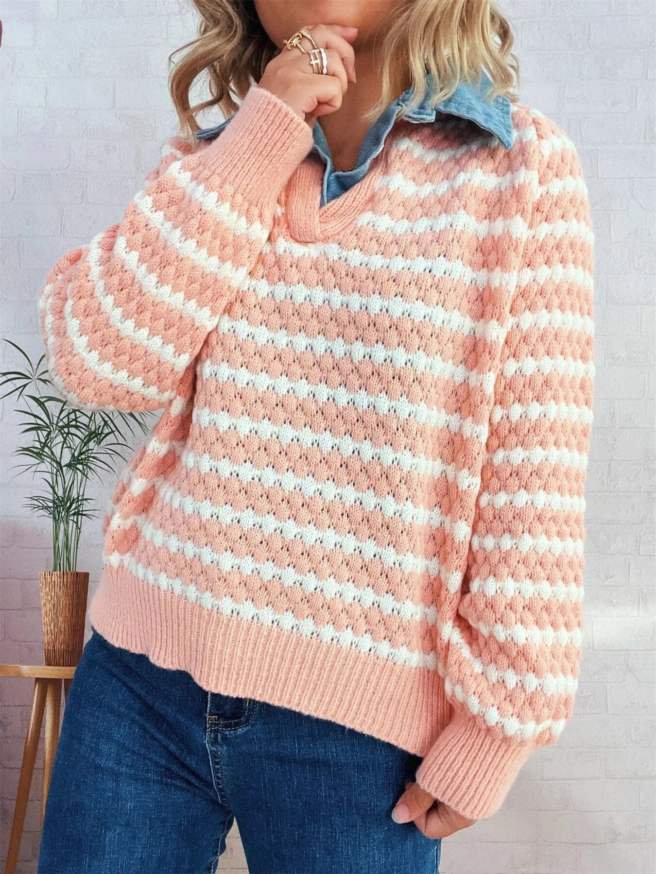 Contrast Striped Sweater with Denim Collar Tops and T-Shirts