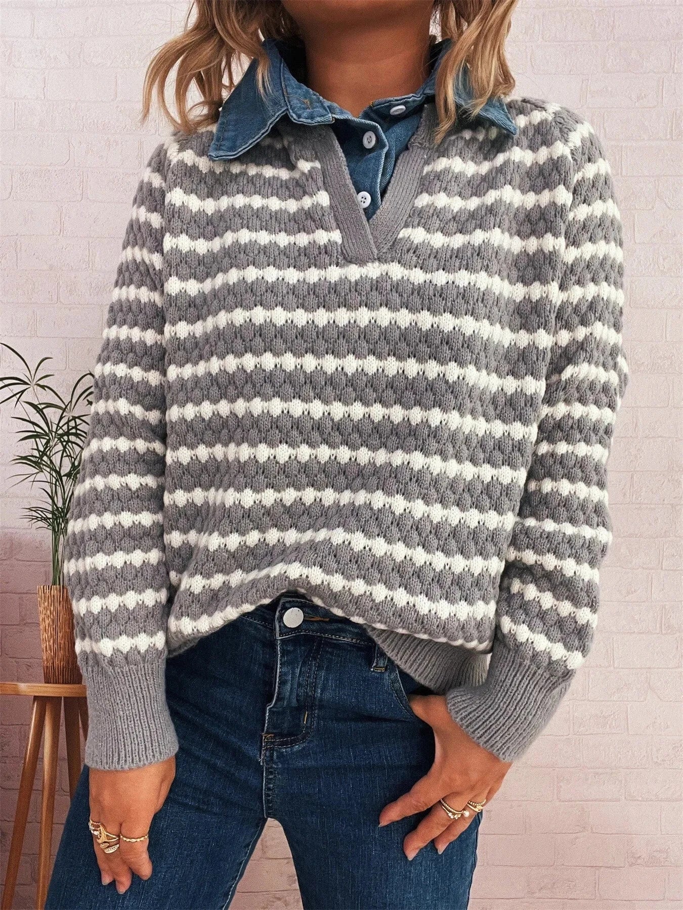 Contrast Striped Sweater with Denim Collar Tops and T-Shirts