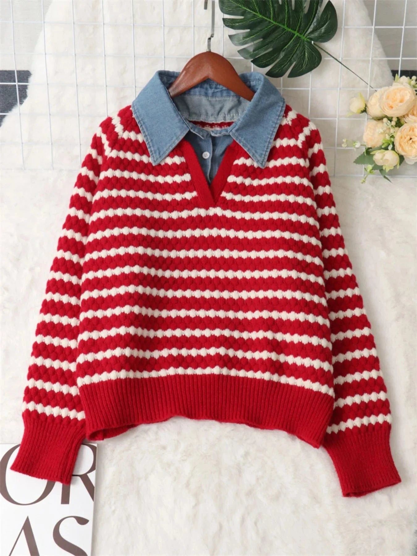 Contrast Striped Sweater with Denim Collar Tops and T-Shirts