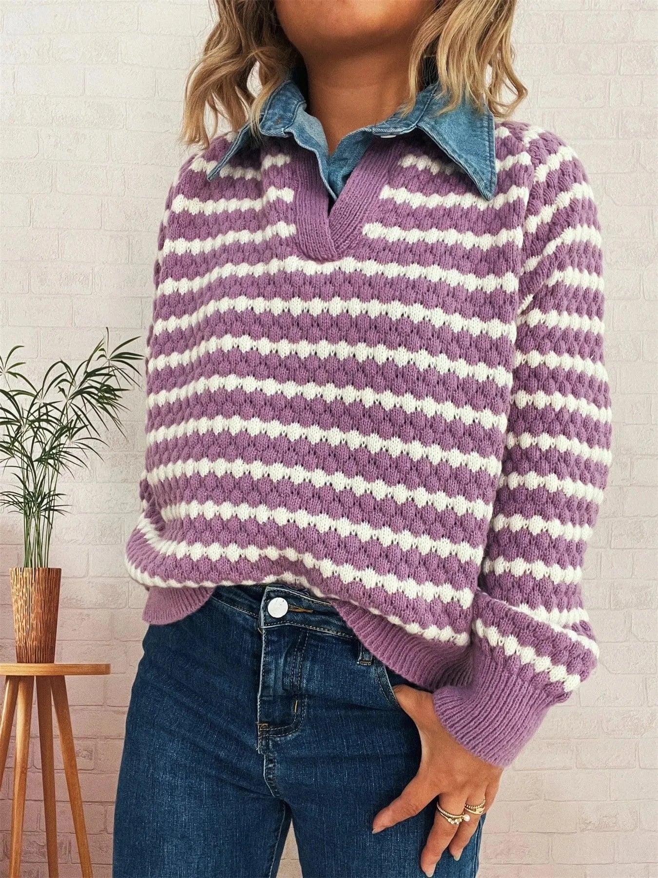Contrast Striped Sweater with Denim Collar Tops and T-Shirts
