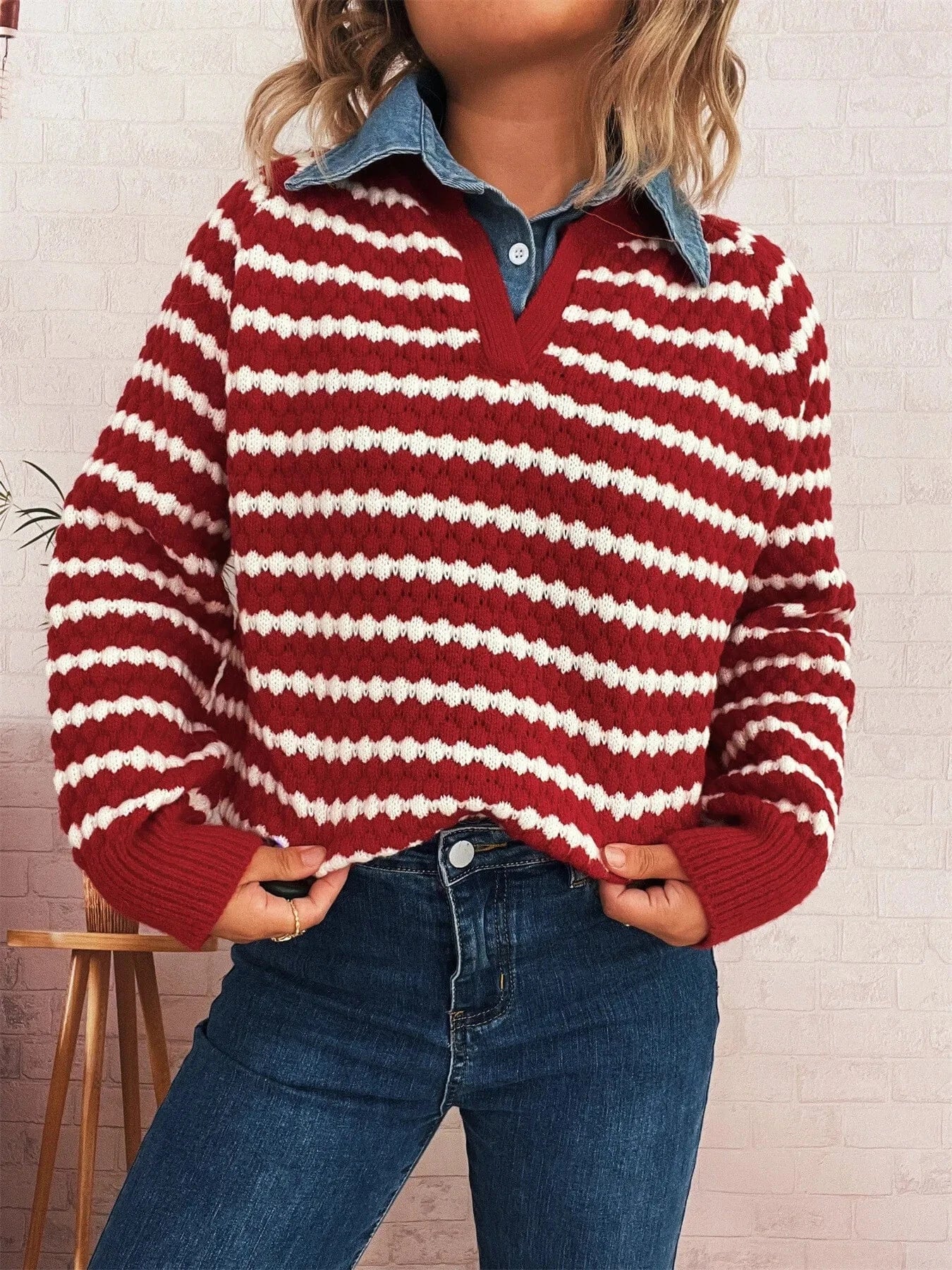 Contrast Striped Sweater with Denim Collar Tops and T-Shirts