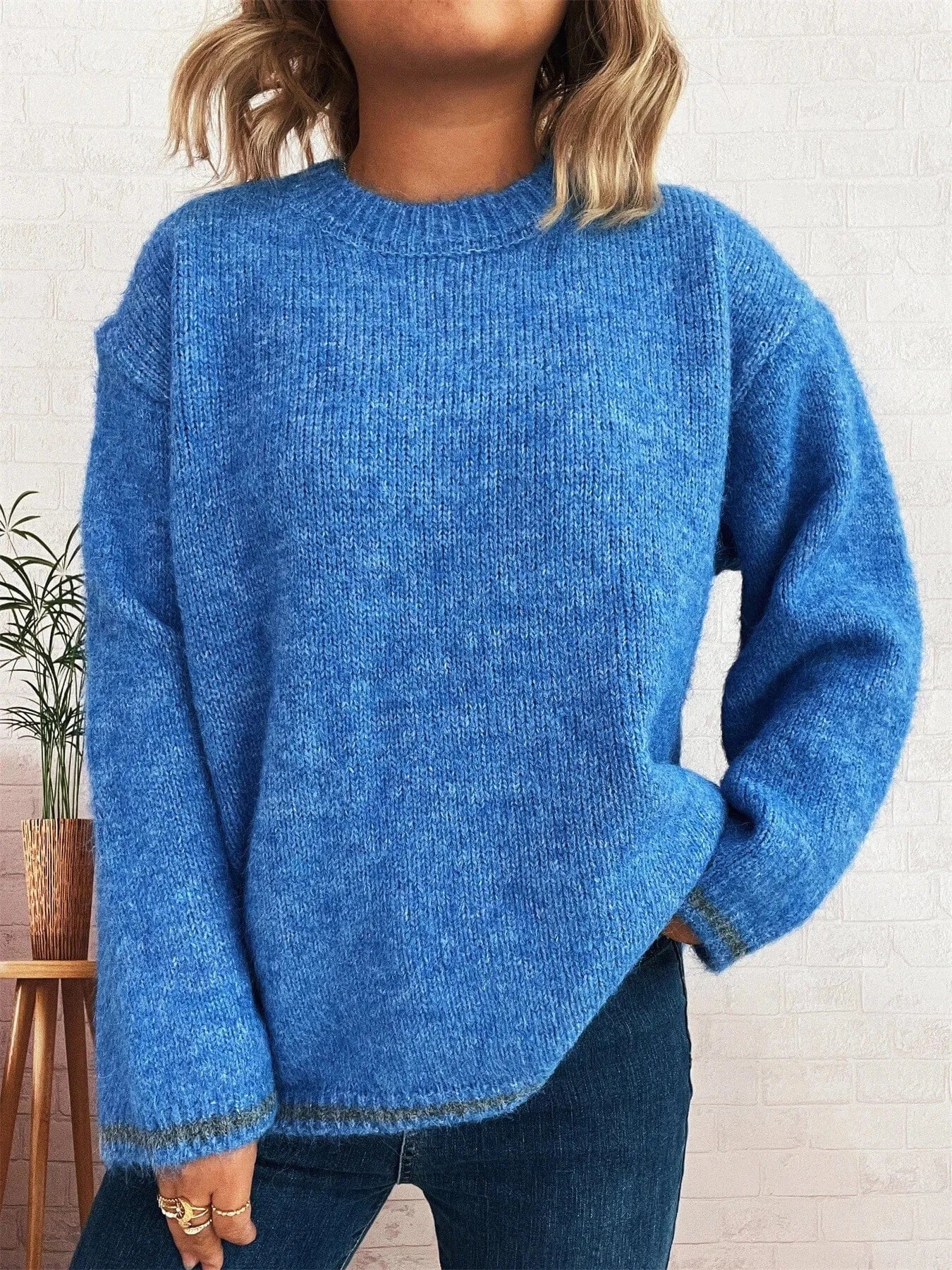 Contrast Trim Round Neck Cozy Sweater Tops and T-Shirts