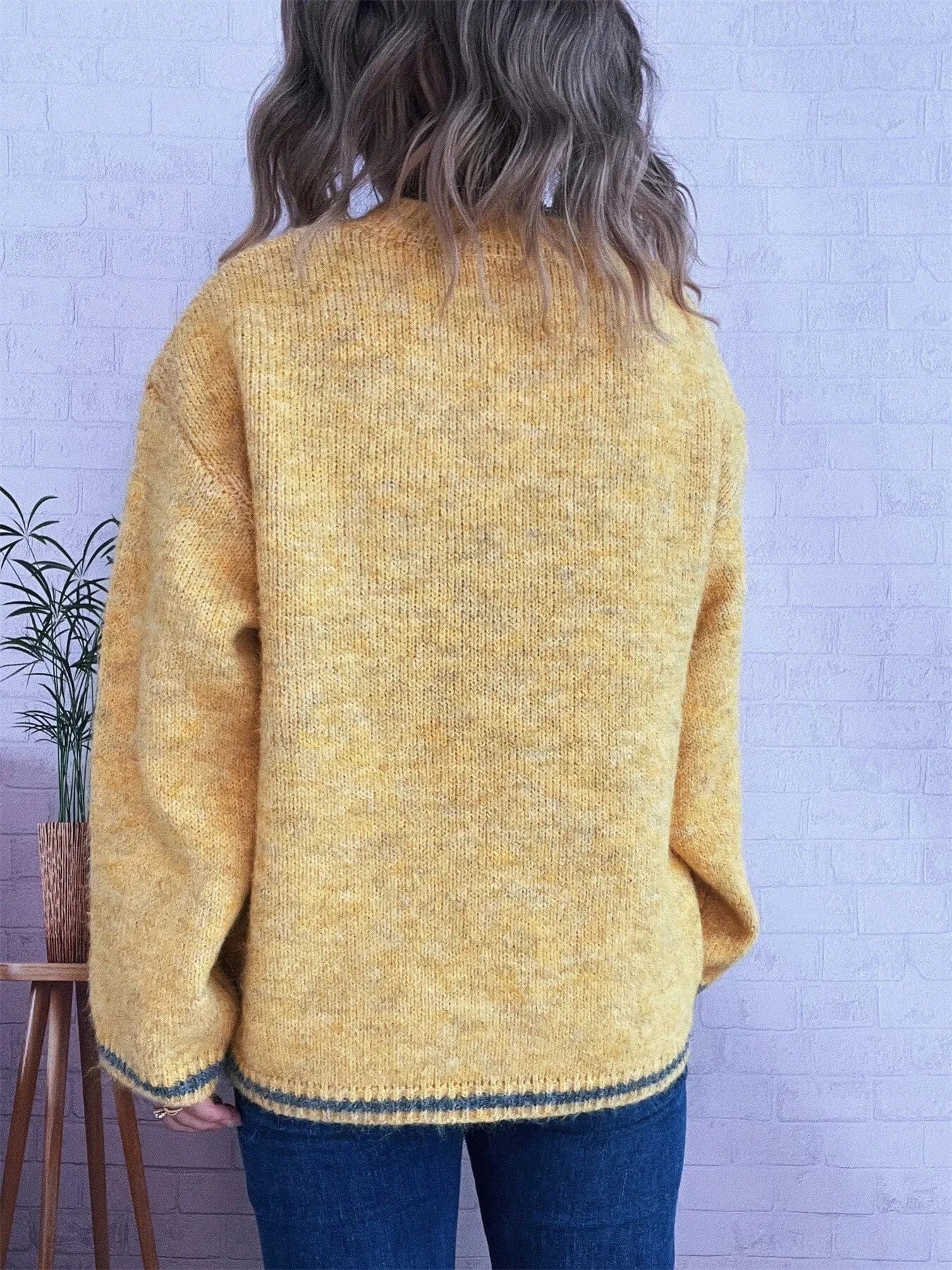Contrast Trim Round Neck Cozy Sweater Tops and T-Shirts