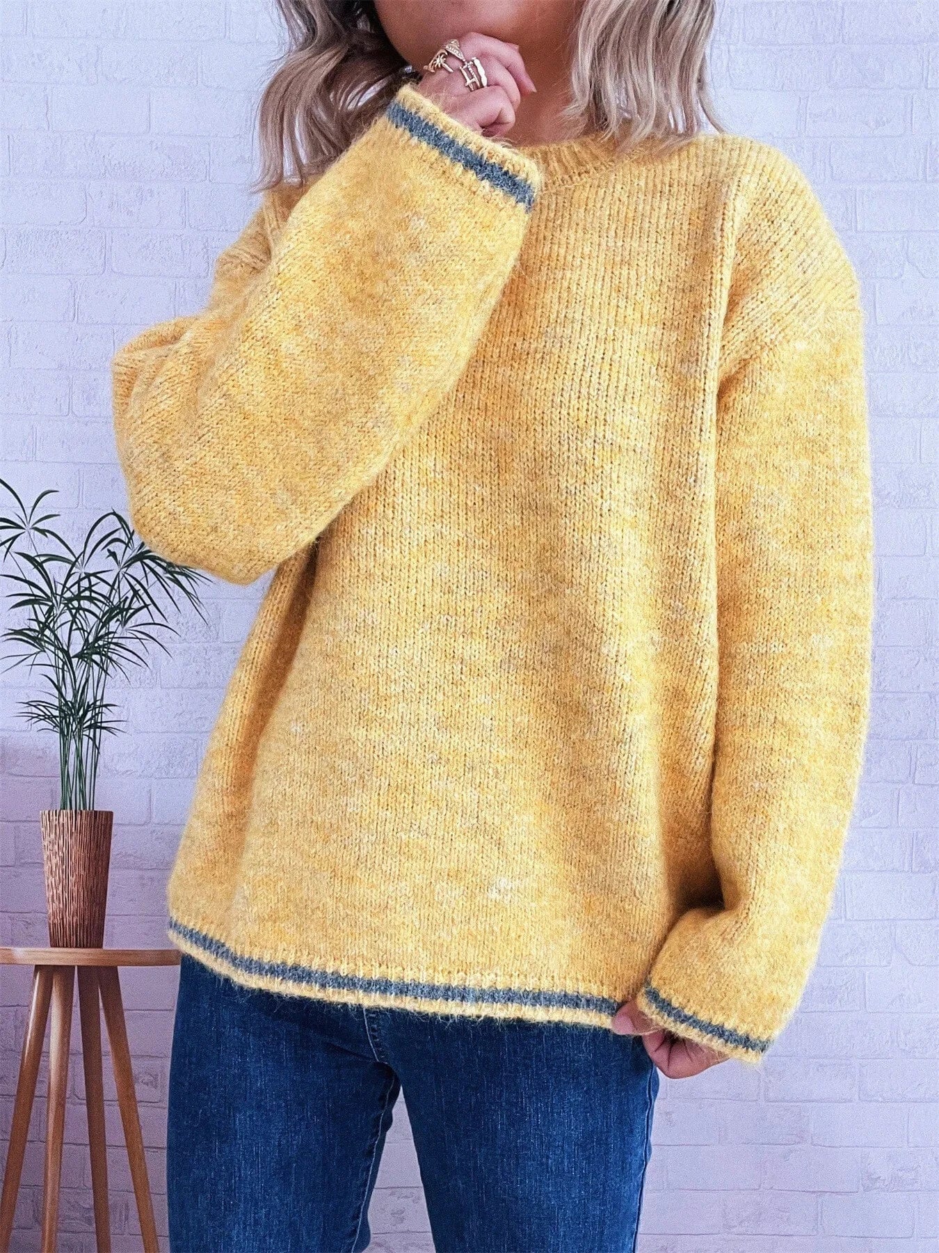 Contrast Trim Round Neck Cozy Sweater Tops and T-Shirts