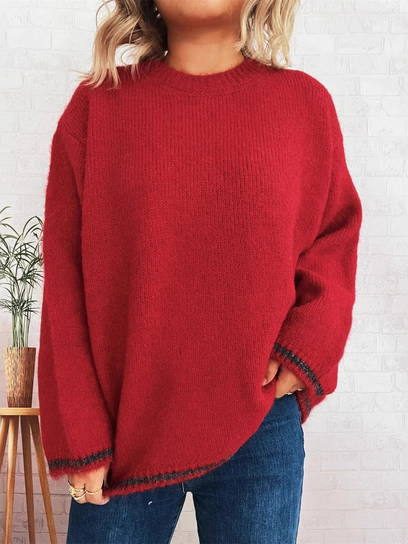 Contrast Trim Round Neck Cozy Sweater Tops and T-Shirts
