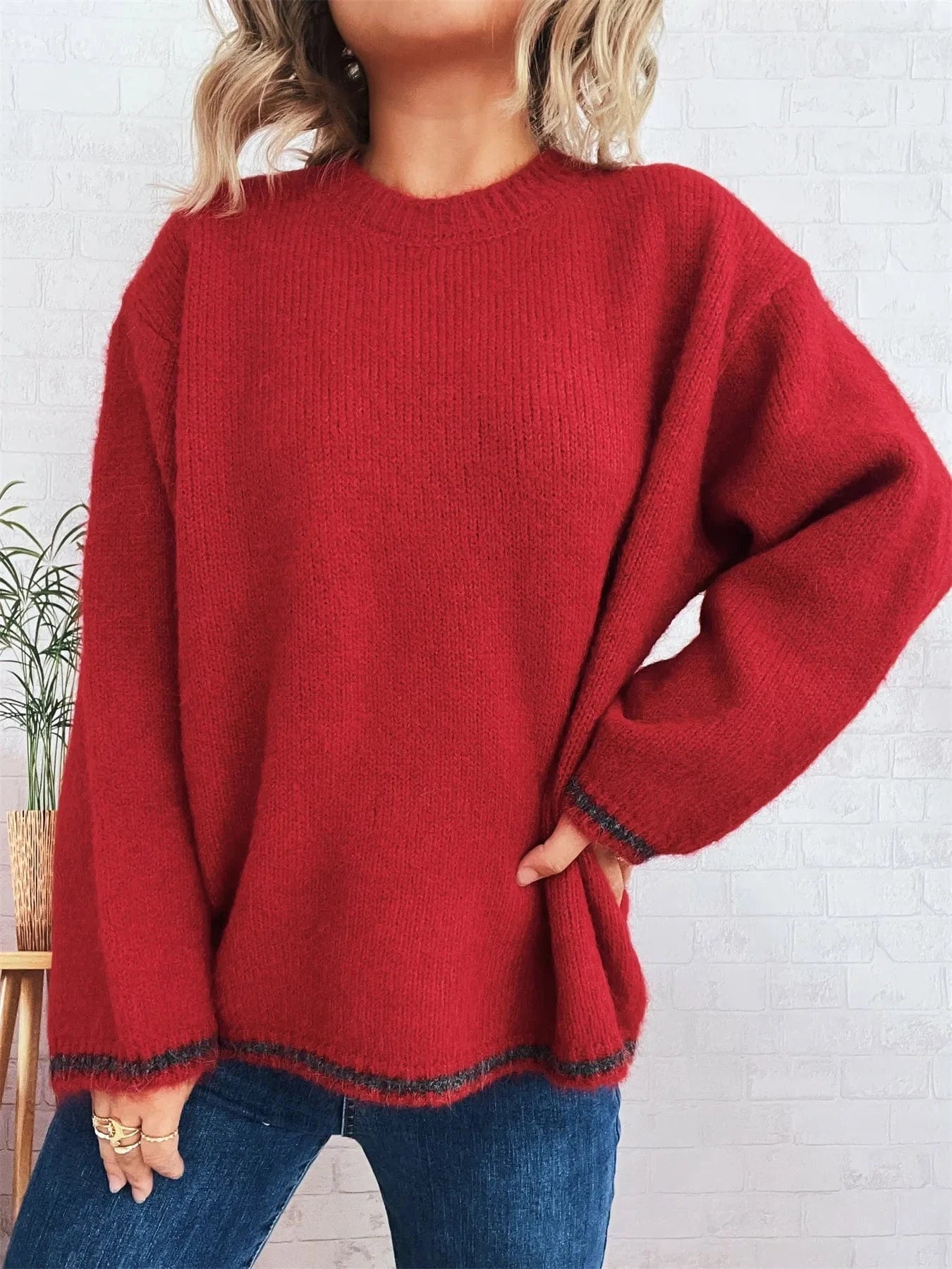 Contrast Trim Round Neck Cozy Sweater Tops and T-Shirts