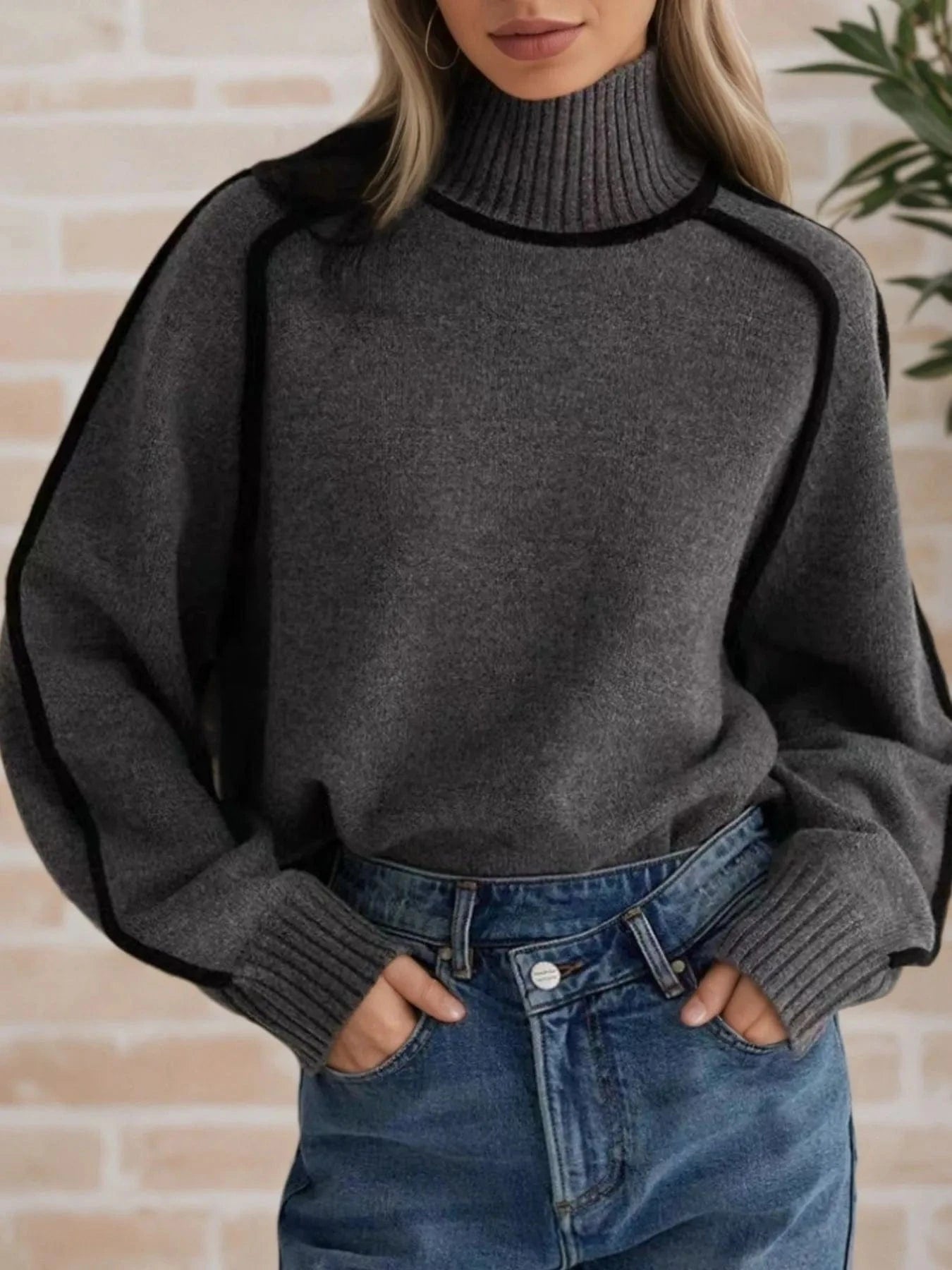 Contrast Trim Turtleneck Sweater Tops and T-Shirts