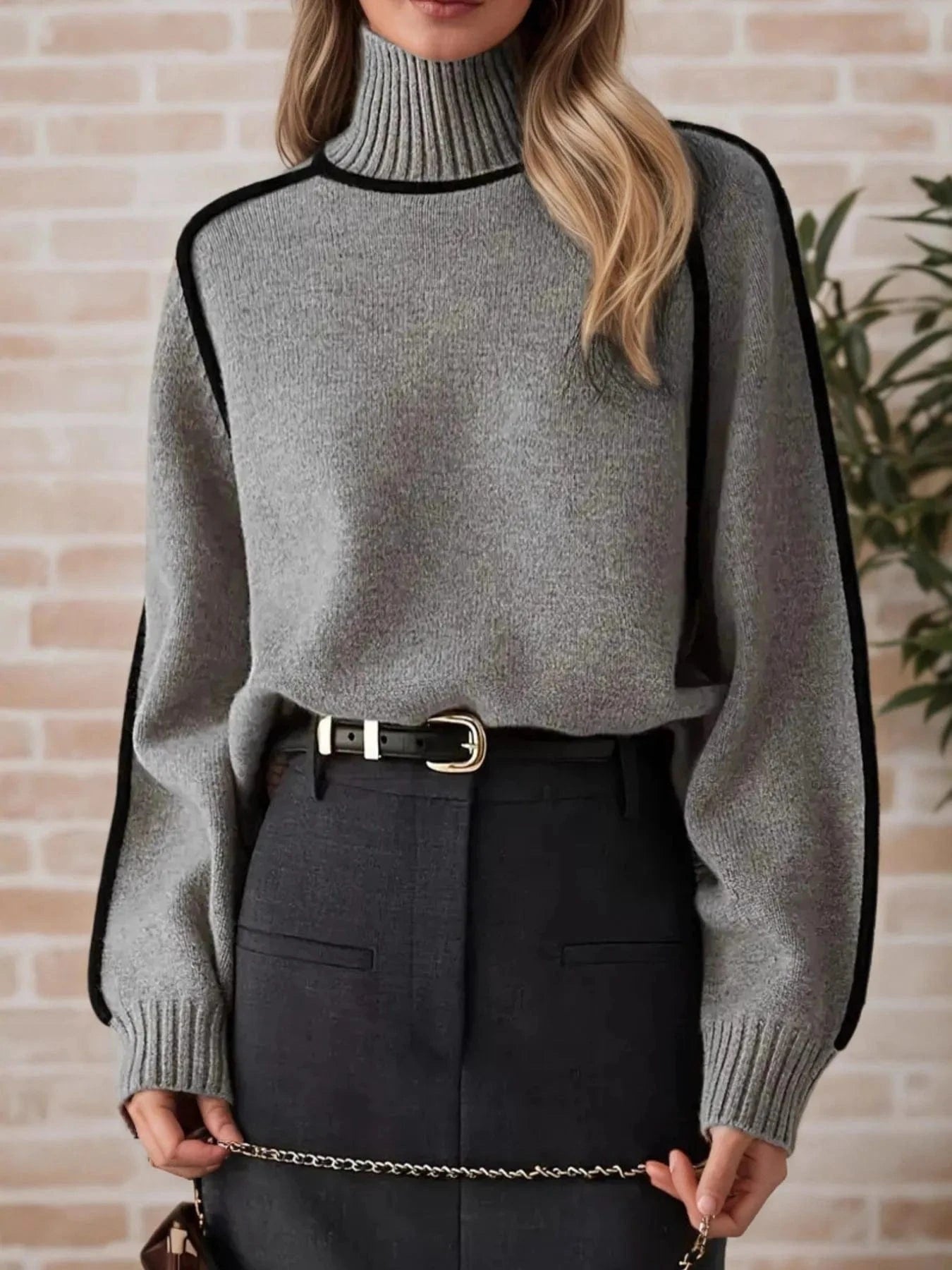 Contrast Trim Turtleneck Sweater Tops and T-Shirts