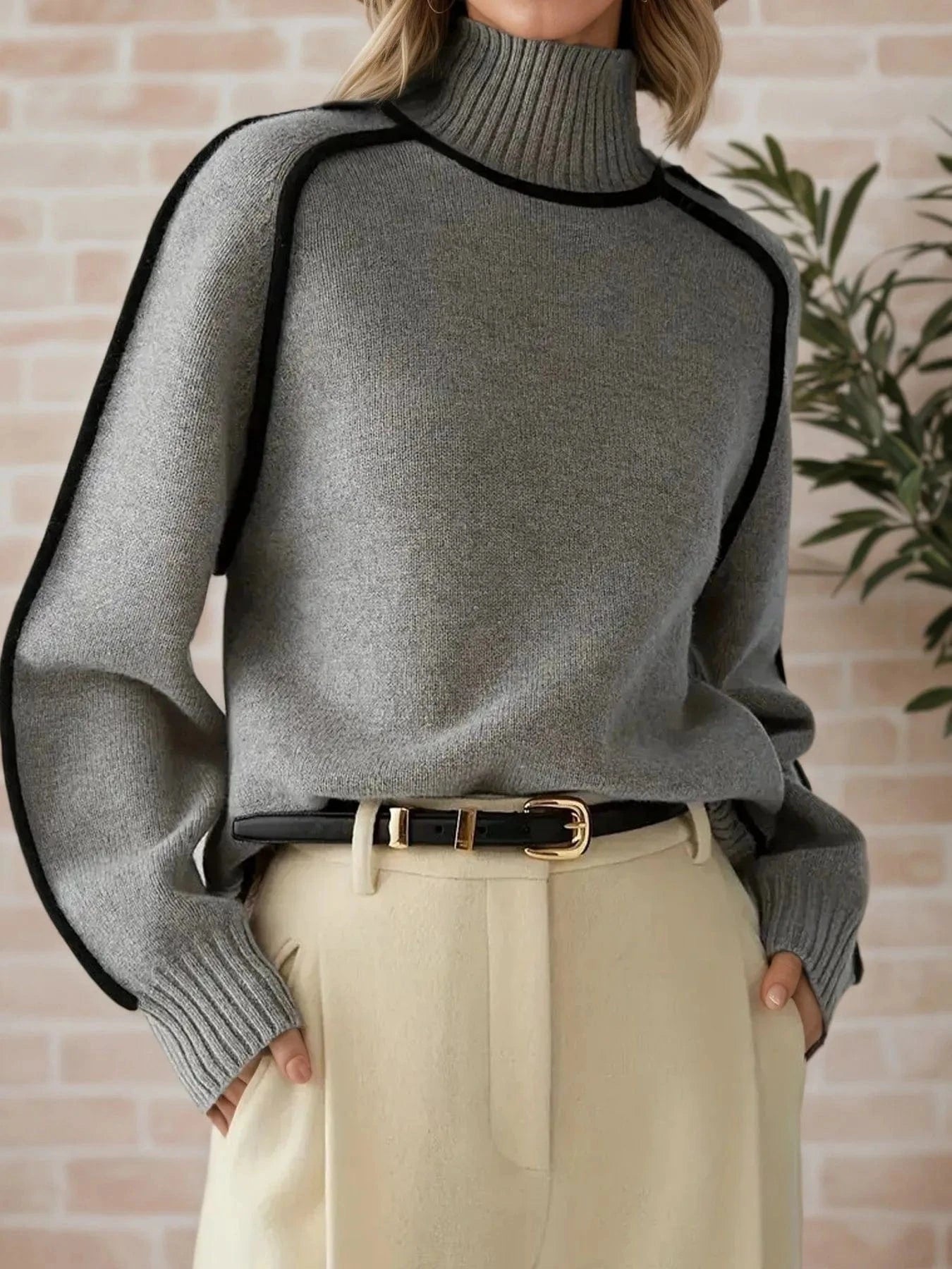Contrast Trim Turtleneck Sweater Tops and T-Shirts