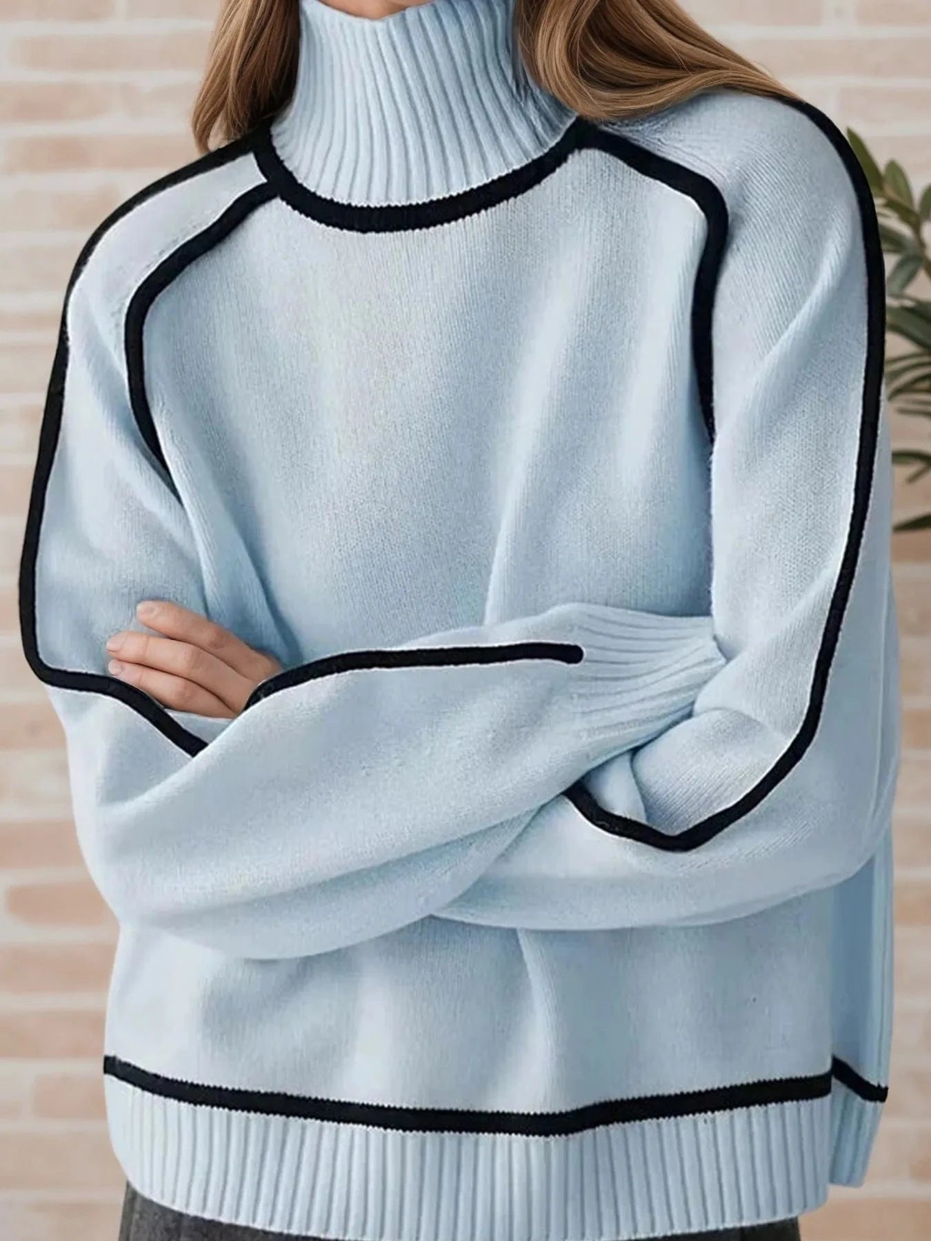 Contrast Trim Turtleneck Sweater Tops and T-Shirts