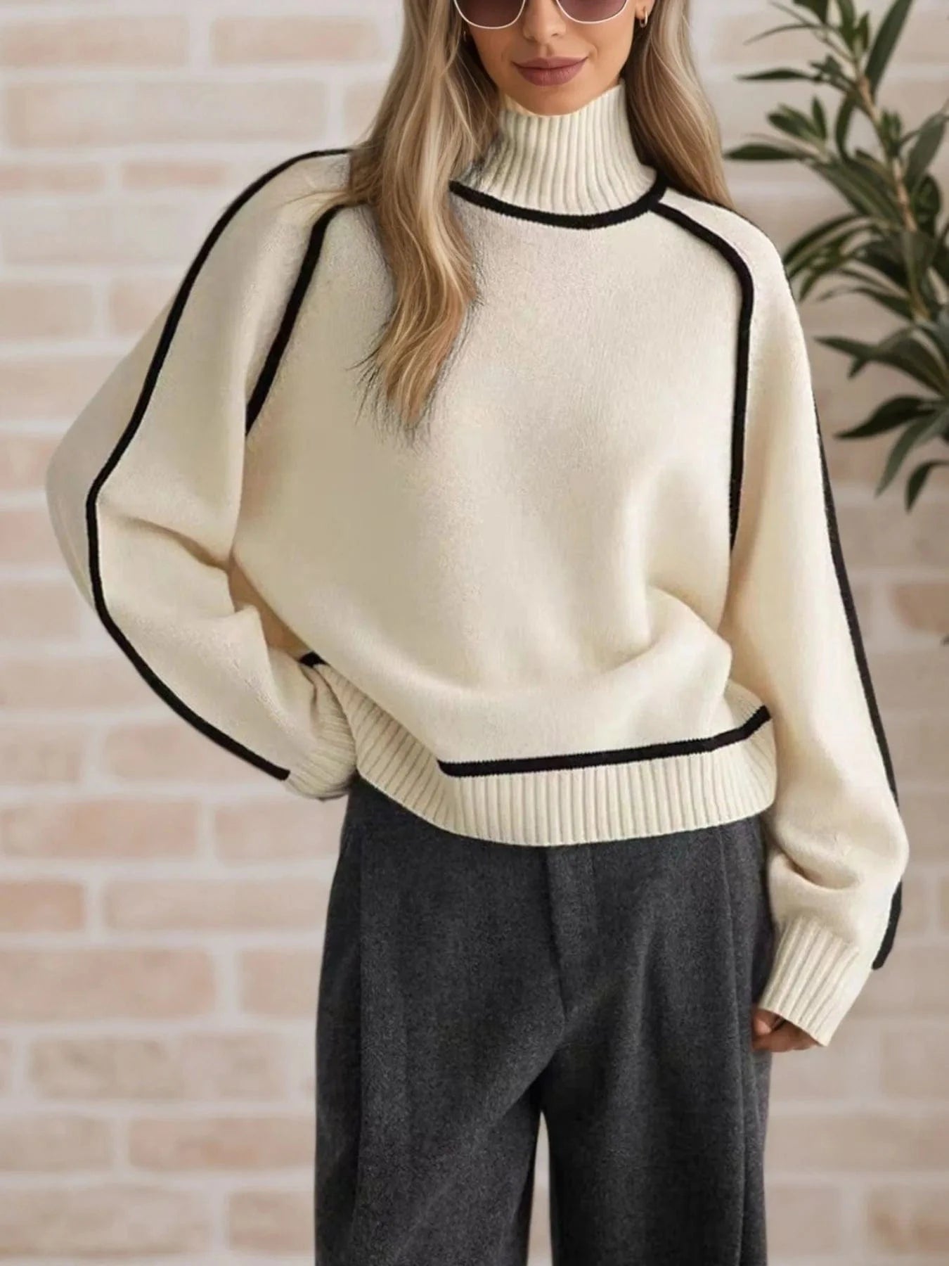 Contrast Trim Turtleneck Sweater Tops and T-Shirts