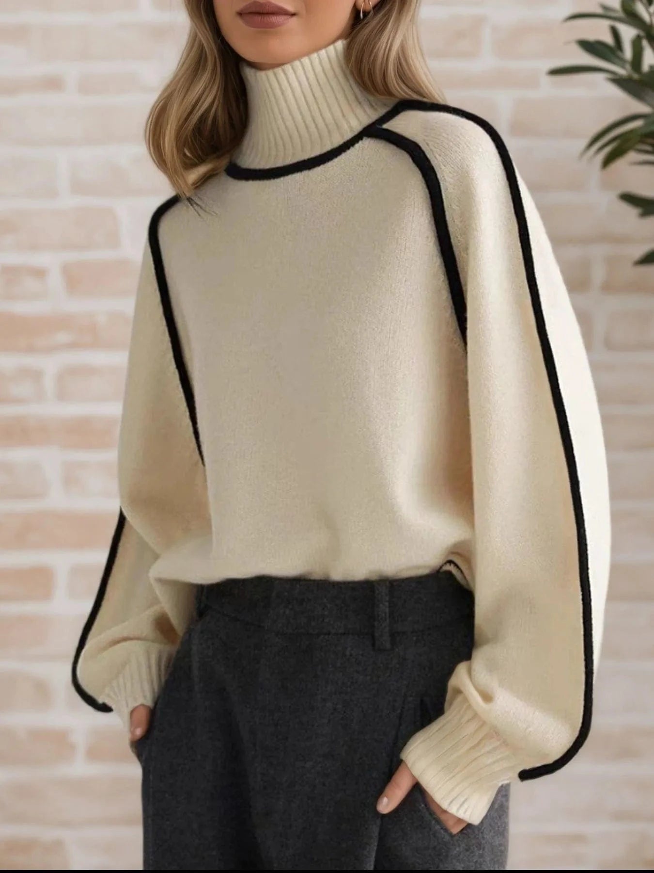 Contrast Trim Turtleneck Sweater Tops and T-Shirts