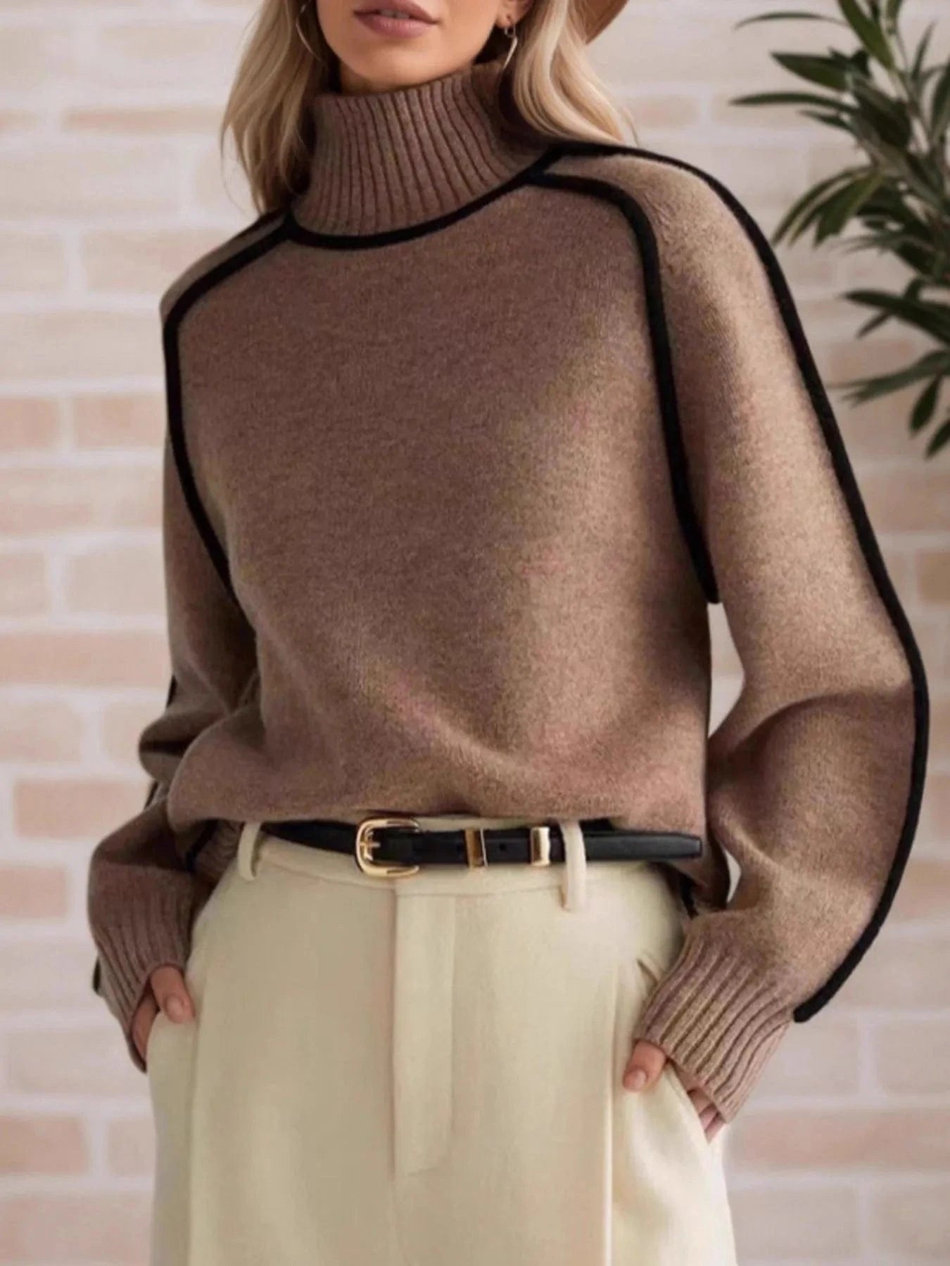 Contrast Trim Turtleneck Sweater Tops and T-Shirts