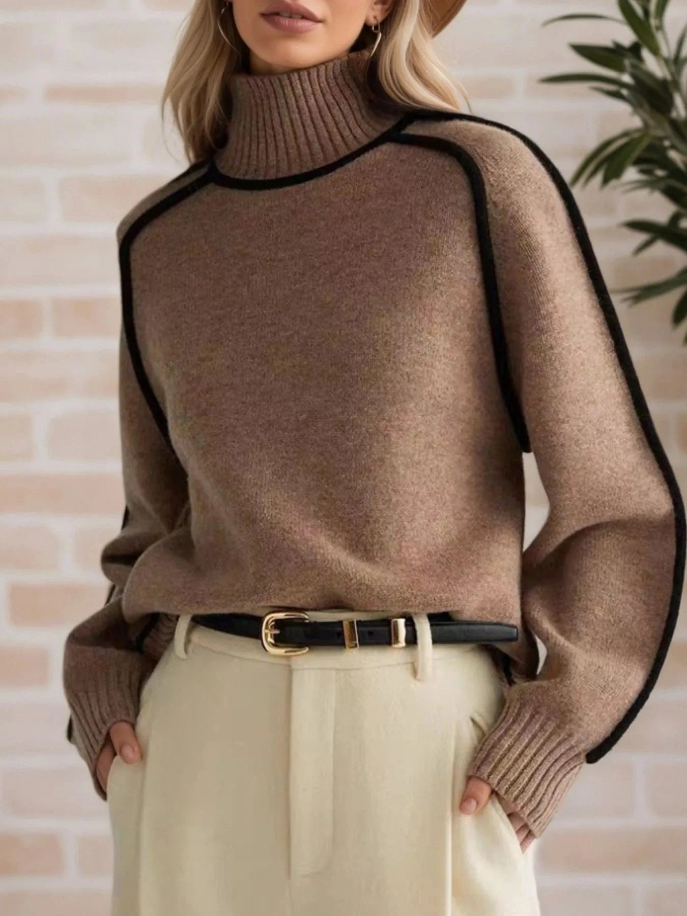 Contrast Trim Turtleneck Sweater Tops and T-Shirts