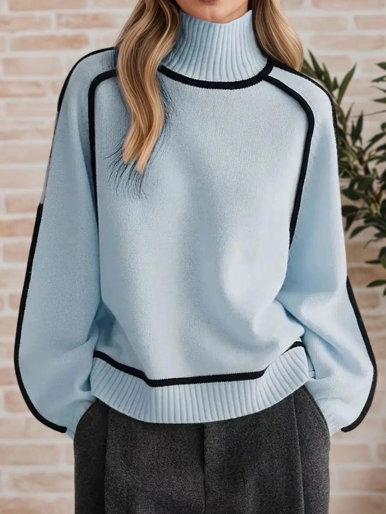 Contrast Trim Turtleneck Sweater Tops and T-Shirts